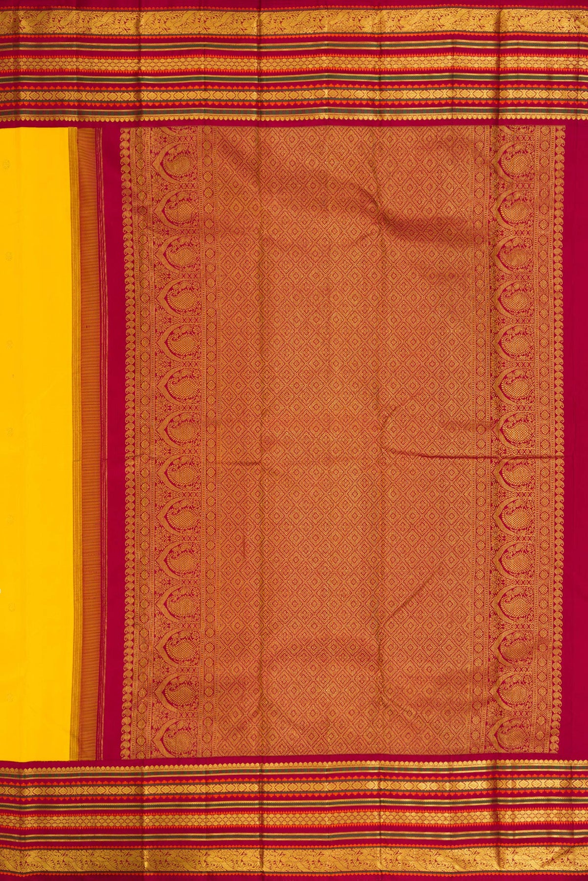 Close up image of the pallu of Pure Silk Pure Zari Yellow Dual Tone Kanjivaram Saree with Zari Butta on the body and Zari Border. 