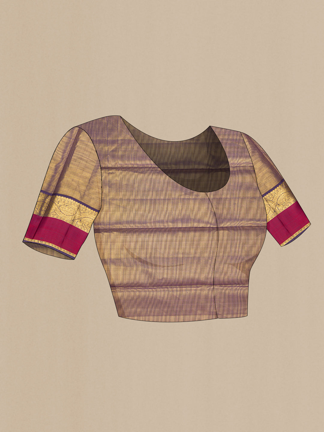 Close up image of the blouse of Beige Dual Tone Kanjivaram Silk Saree with Zari Butta on the body and Zari And Thread Border. 