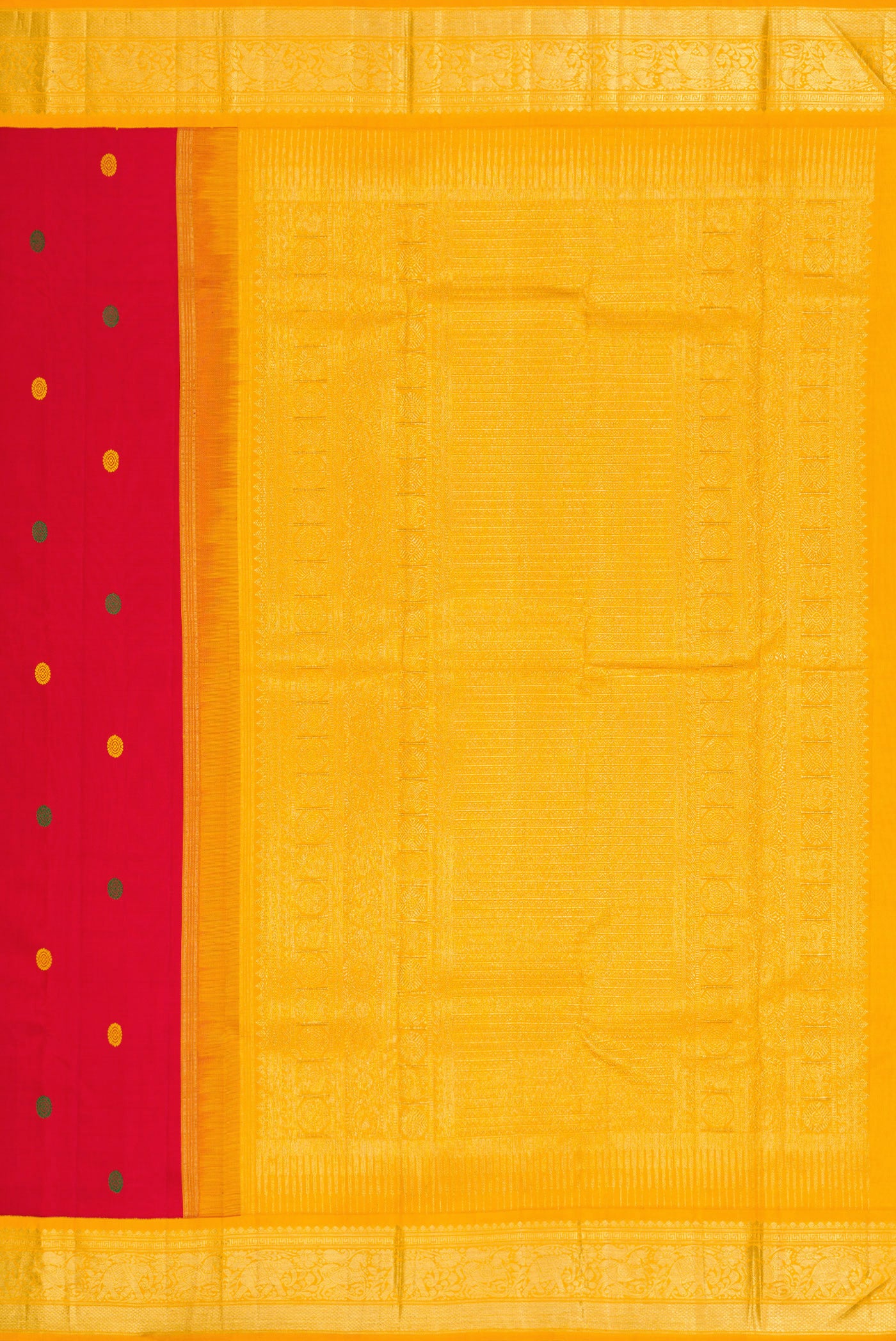 Close up image of the pallu of Pure Silk Pure Zari Deep Red Dual Tone Kanjivaram Saree with Thread Butta on the body and Zari Border. 