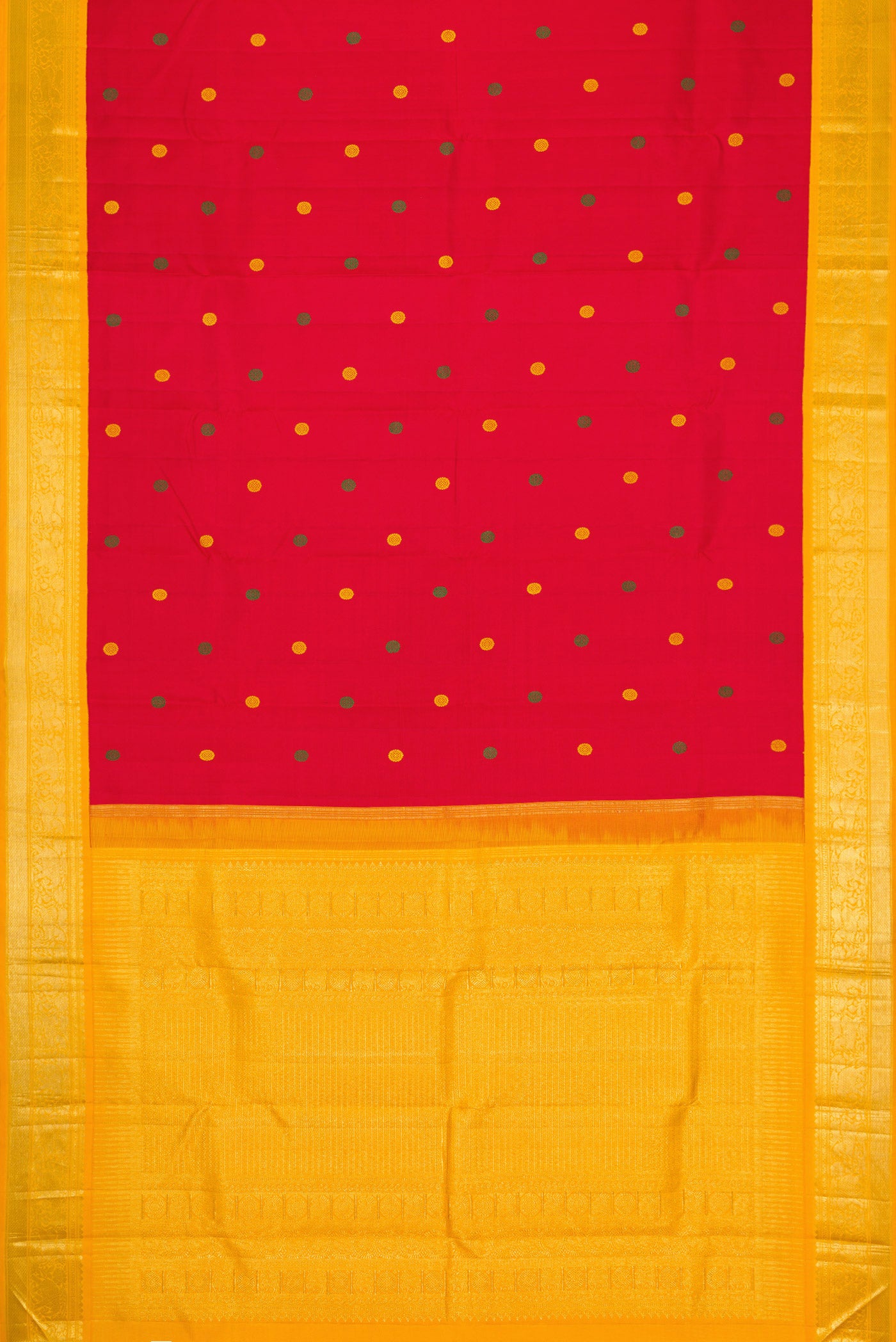 Flat view of Pure Silk Pure Zari Deep Red Dual Tone Kanjivaram Saree with Thread Butta on the body and Zari Border. 