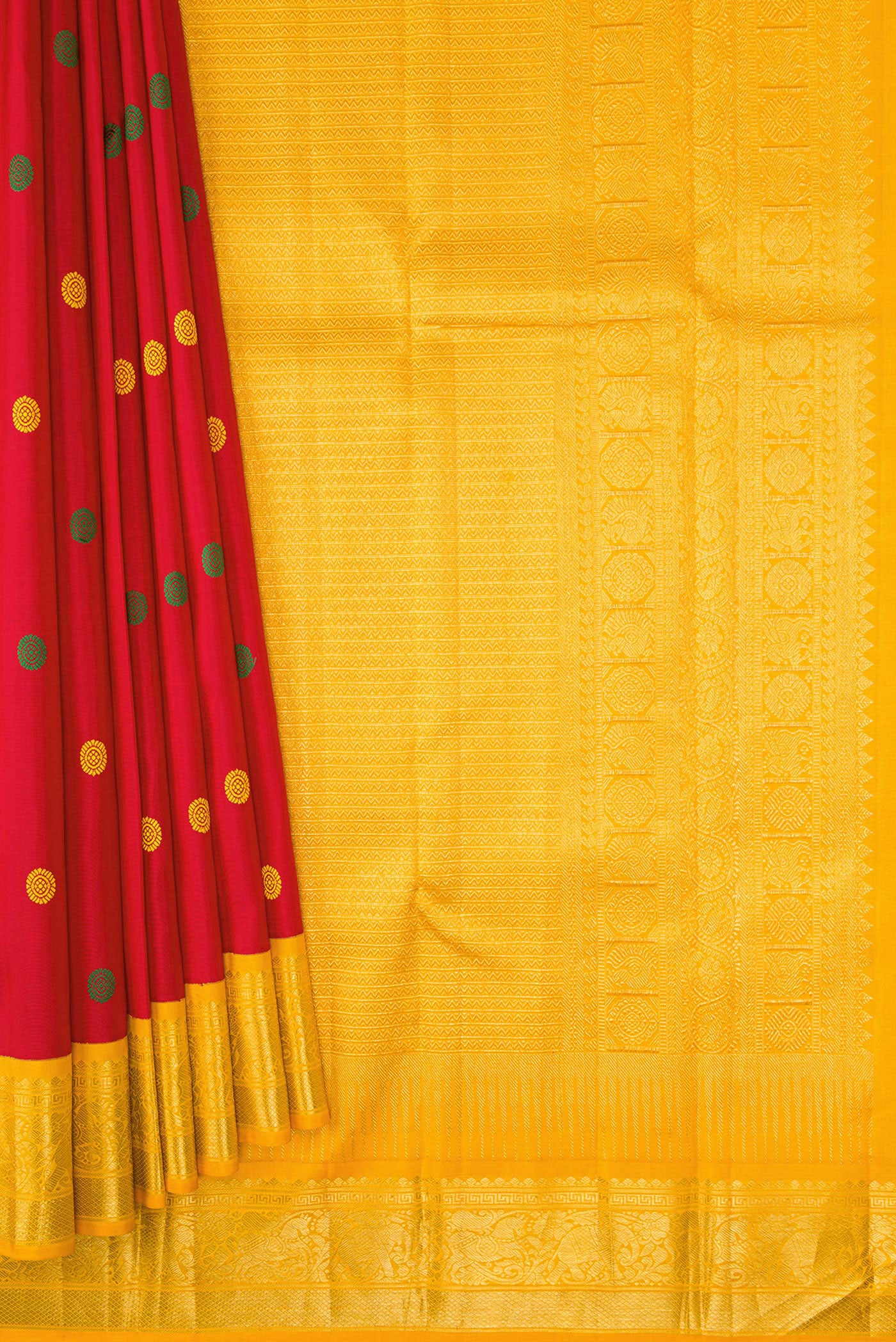 Pleats and pallu of Pure Silk Pure Zari Deep Red Dual Tone Kanjivaram Saree with Thread Butta on the body and Zari Border. 