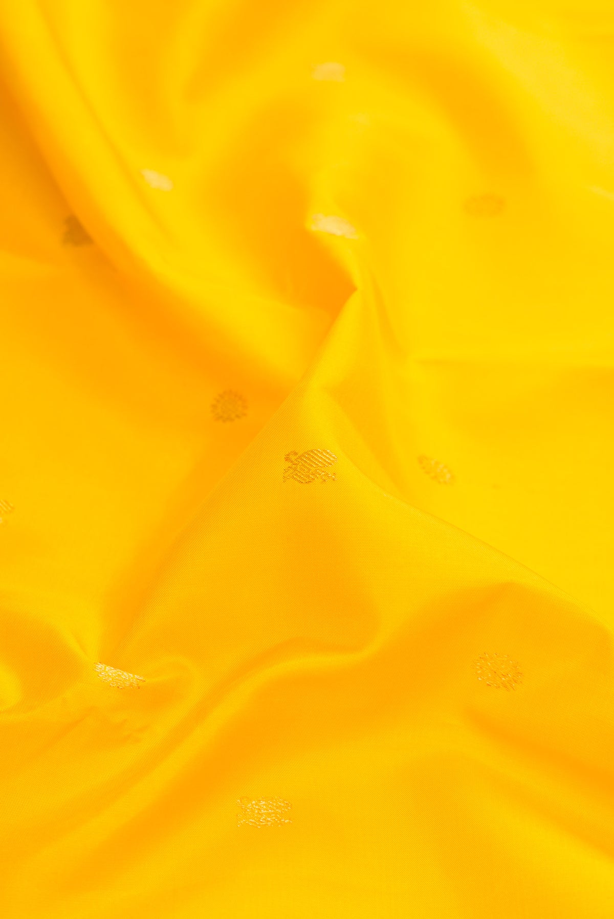 Close up of Yellow Dual Tone Kanjivaram Silk Saree with Zari Butta on the body and Ganga Jamuna Border.  displaying folds