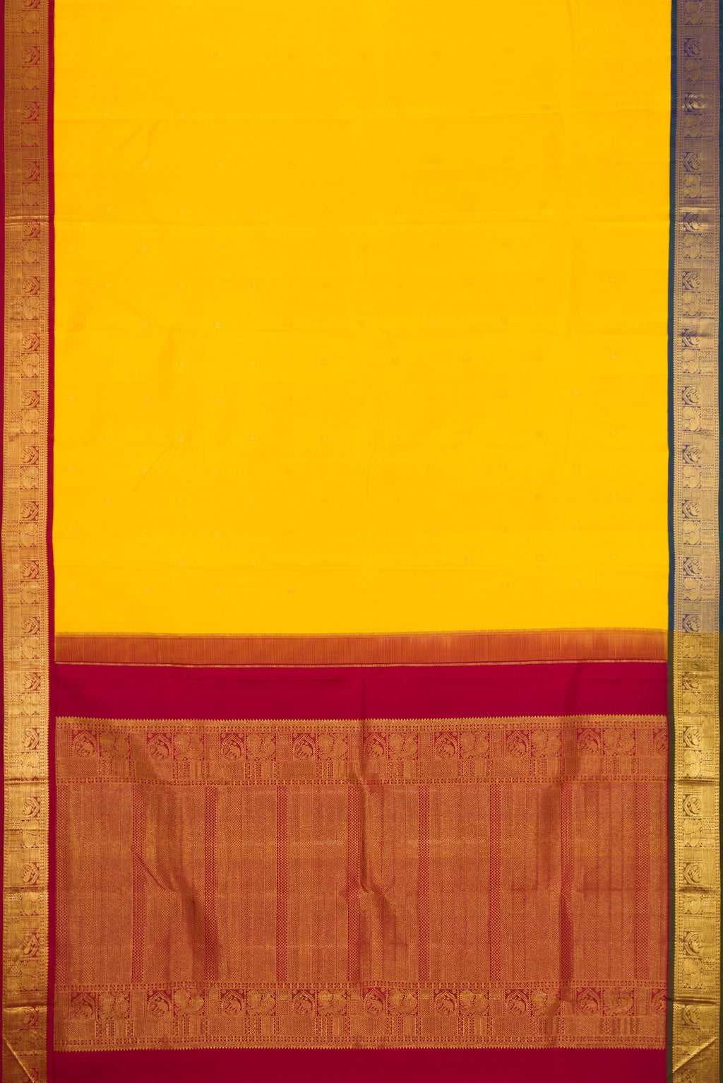 Flat view of Yellow Dual Tone Kanjivaram Silk Saree with Zari Butta on the body and Ganga Jamuna Border. 