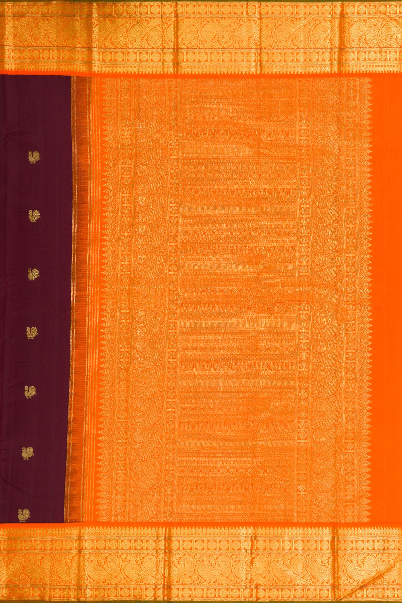 Close up image of the pallu of Coffee Brown Dual Tone Kanjivaram Silk Saree with Zari Butta on the body and Zari Border. 