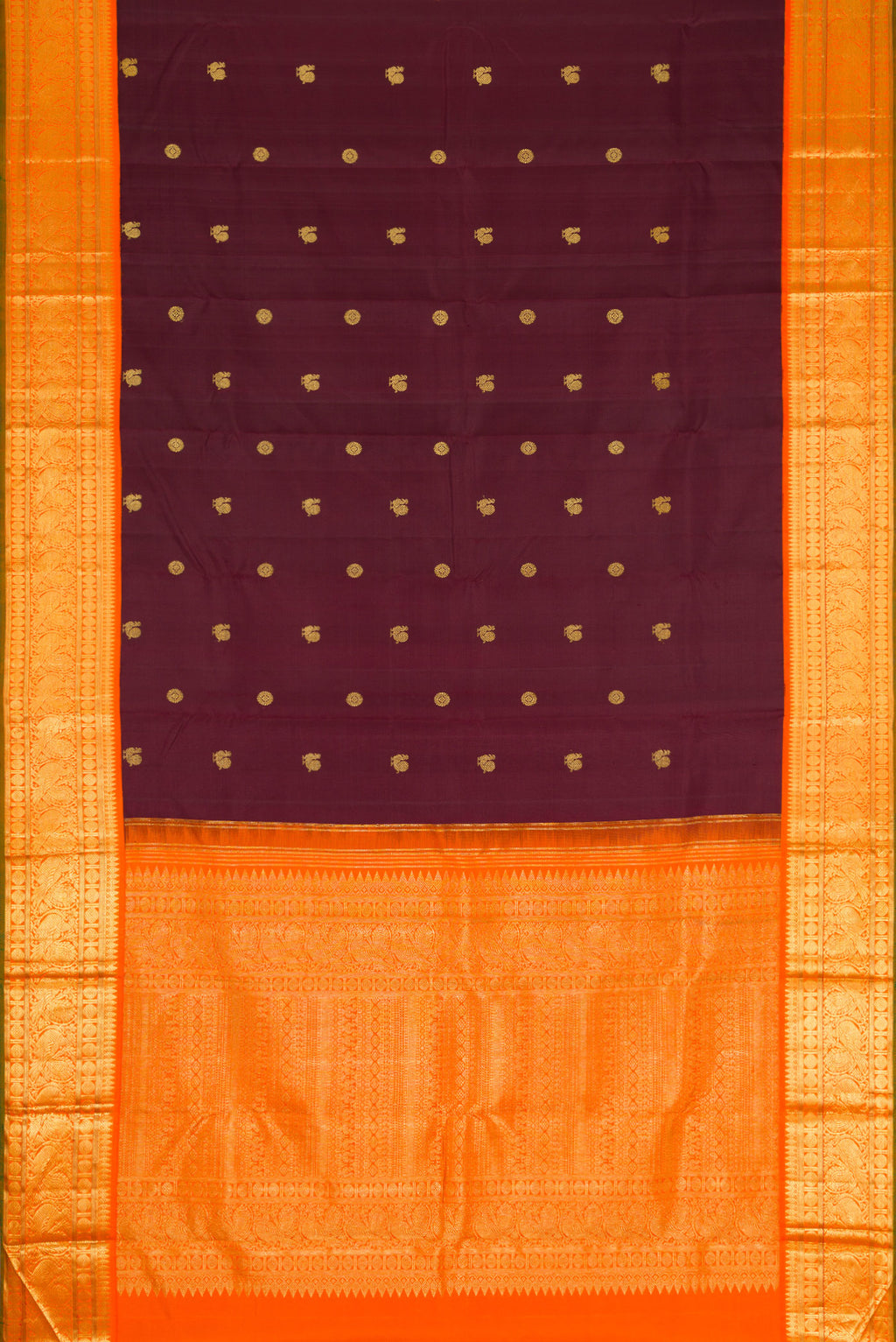 Flat view of Coffee Brown Dual Tone Kanjivaram Silk Saree with Zari Butta on the body and Zari Border. 
