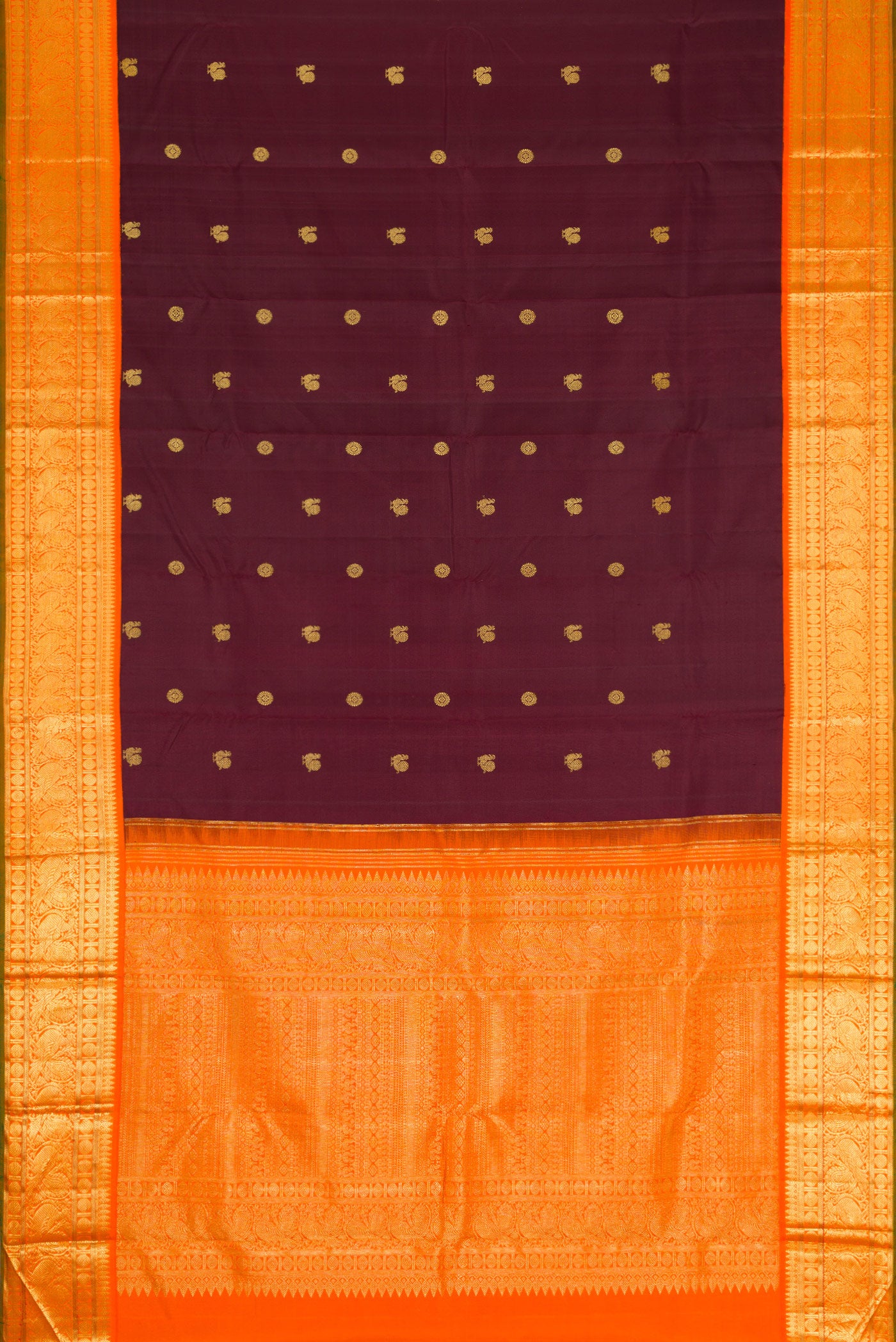 Flat view of Coffee Brown Dual Tone Kanjivaram Silk Saree with Zari Butta on the body and Zari Border. 