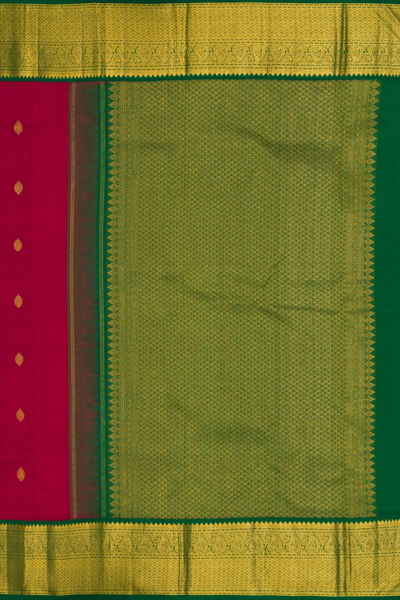 Close up image of the pallu of Pure Silk Pure Zari Maroon Dual Tone Kanjivaram Saree with Zari Butta on the body and Zari Border. 