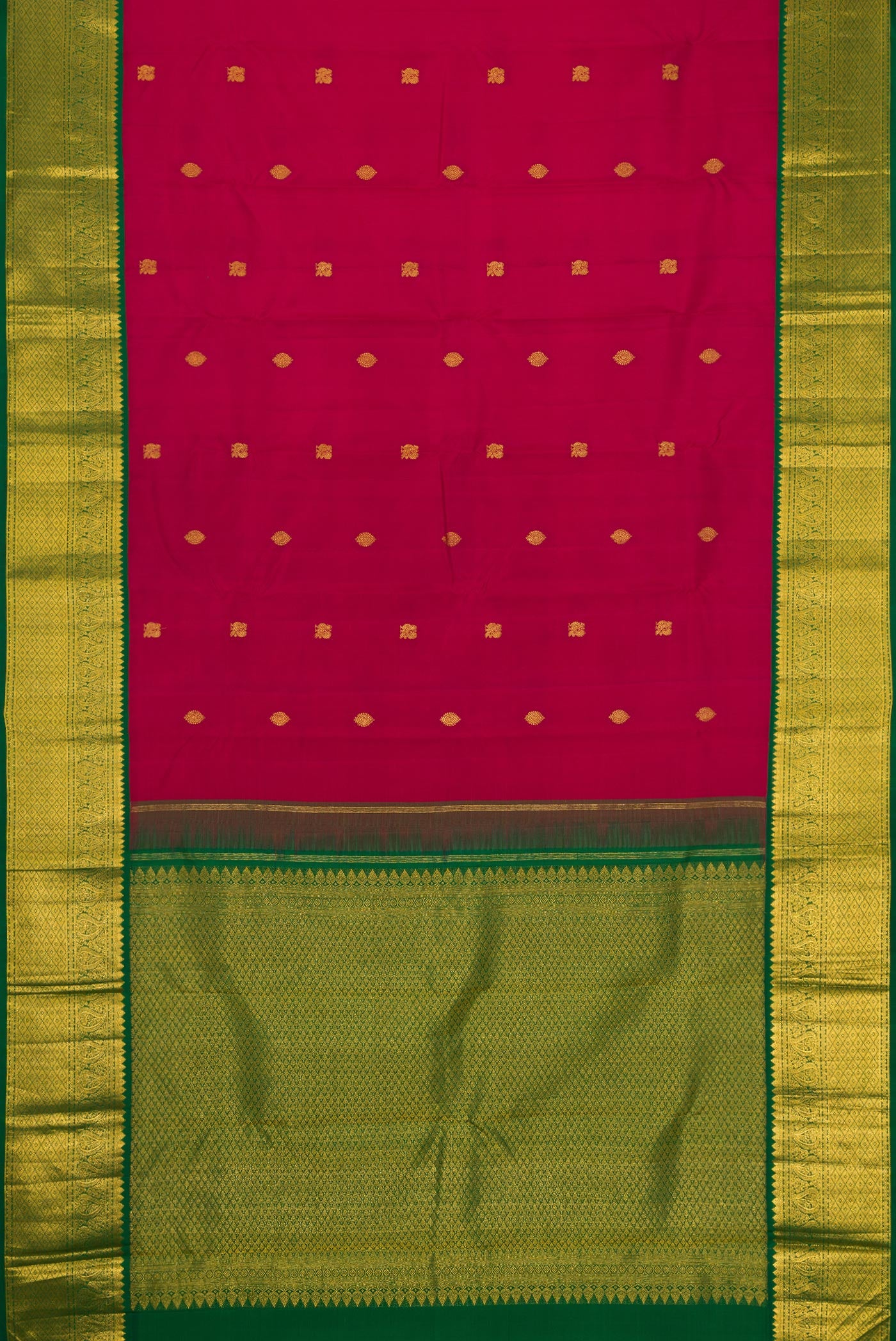 Flat view of Pure Silk Pure Zari Maroon Dual Tone Kanjivaram Saree with Zari Butta on the body and Zari Border. 