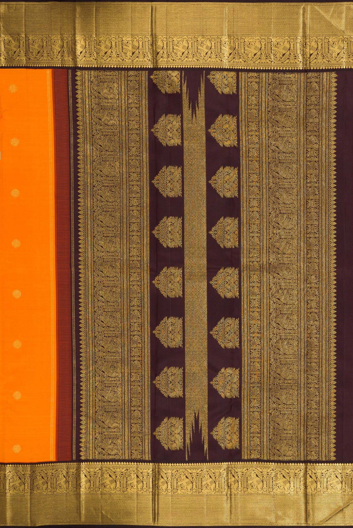 Close up image of the pallu of Mustard Dual Tone Kanjivaram Silk Saree with Zari Butta on the body and Zari Border. 
