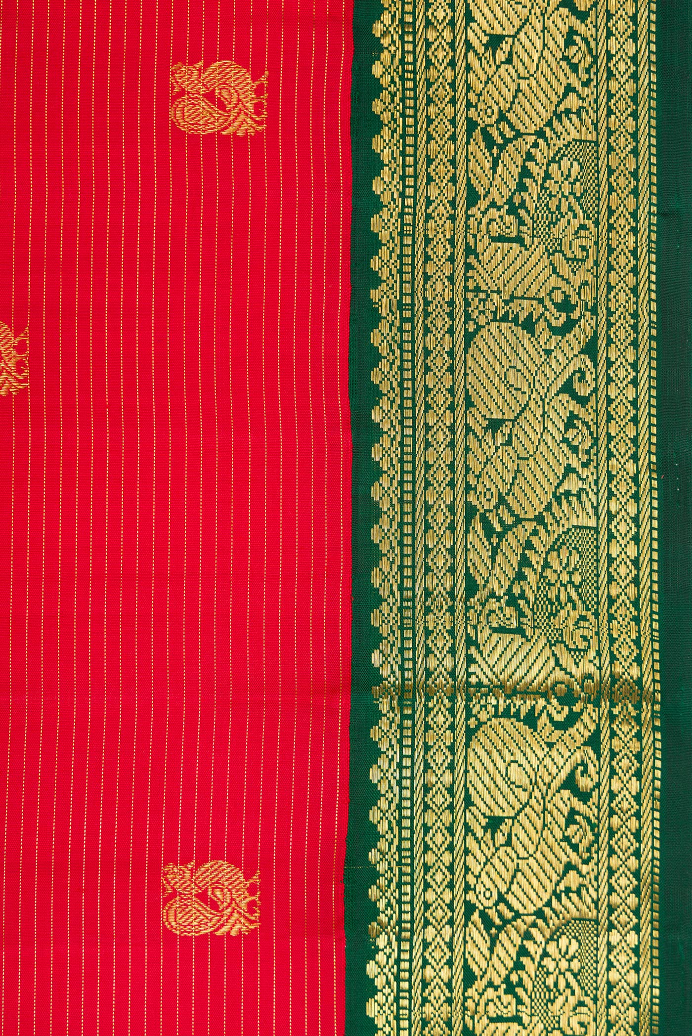 Border image of Red Dual Tone Kanchipuram Silk Saree with Zari Butta on the body and Zari Border. 