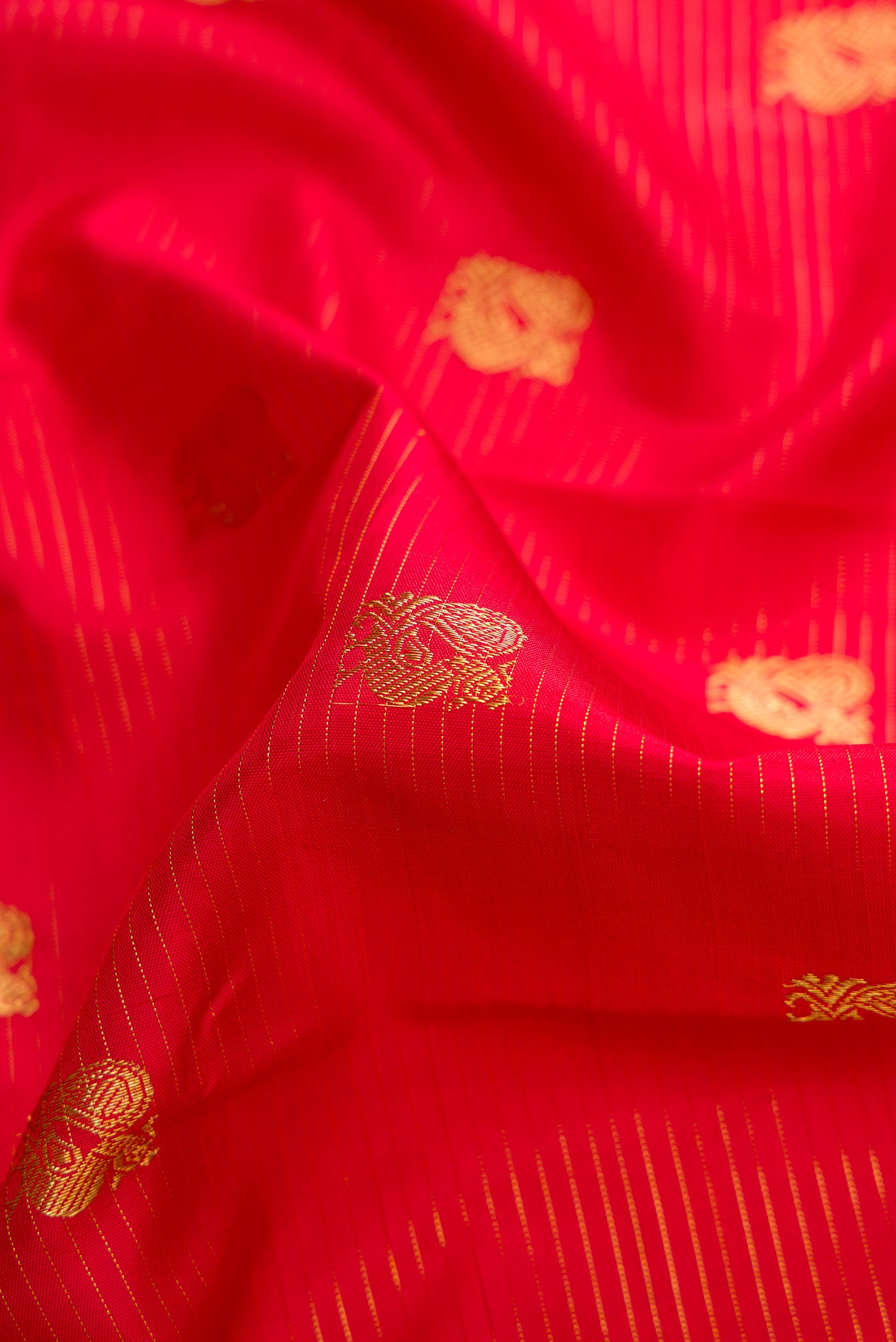 Close up of Red Dual Tone Kanchipuram Silk Saree with Zari Butta on the body and Zari Border.  displaying folds