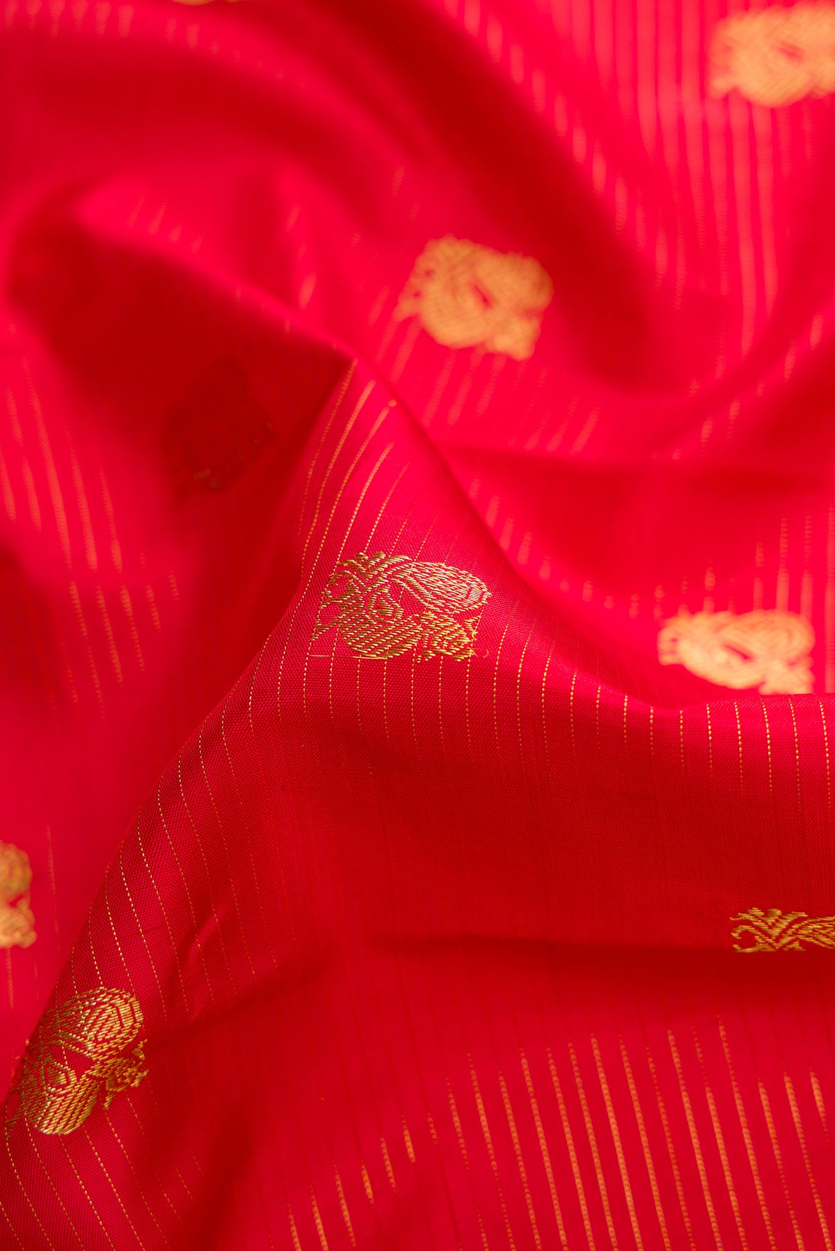 Close up of Red Dual Tone Kanchipuram Silk Saree with Zari Butta on the body and Zari Border.  displaying folds