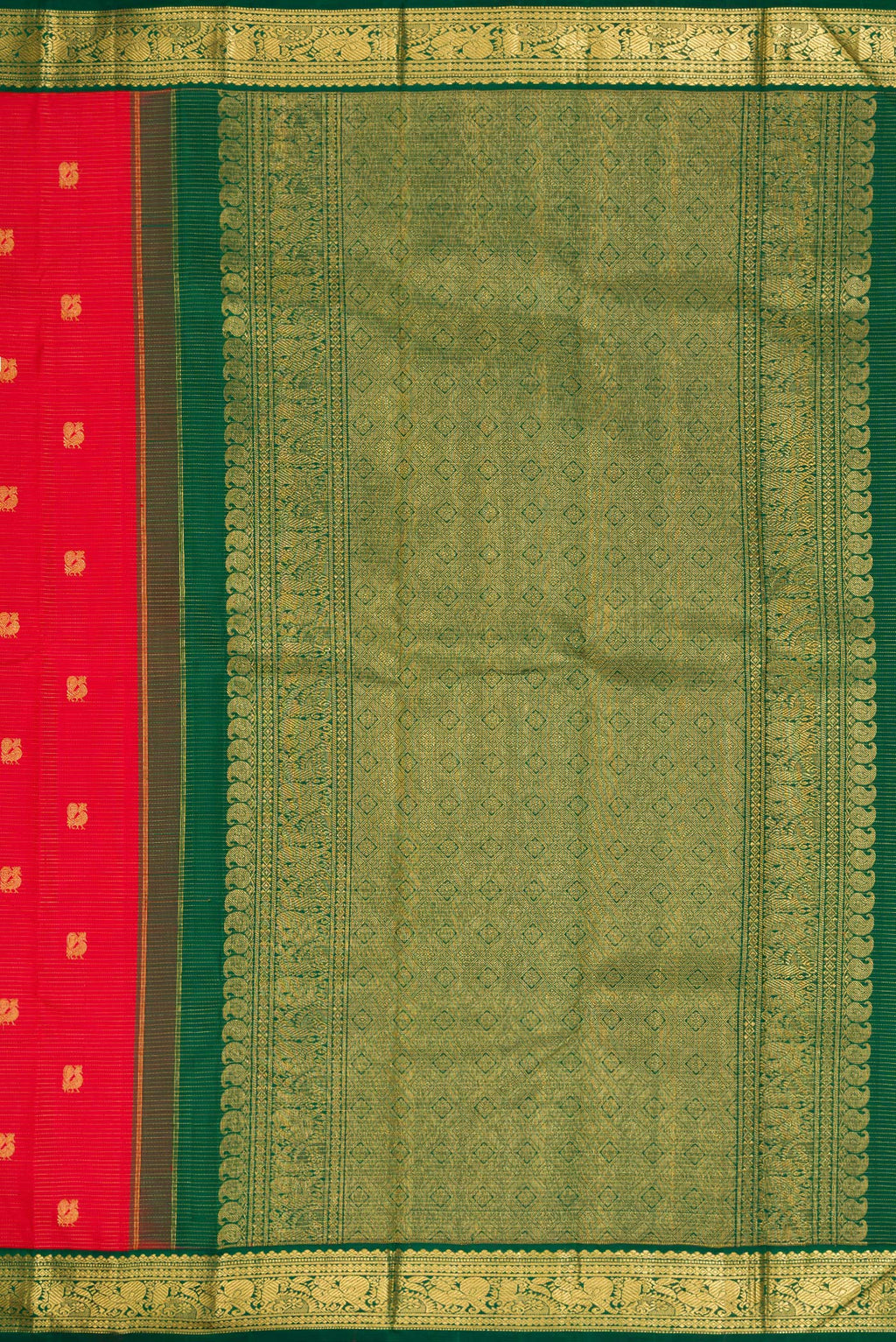 Close up image of the pallu of Red Dual Tone Kanchipuram Silk Saree with Zari Butta on the body and Zari Border. 