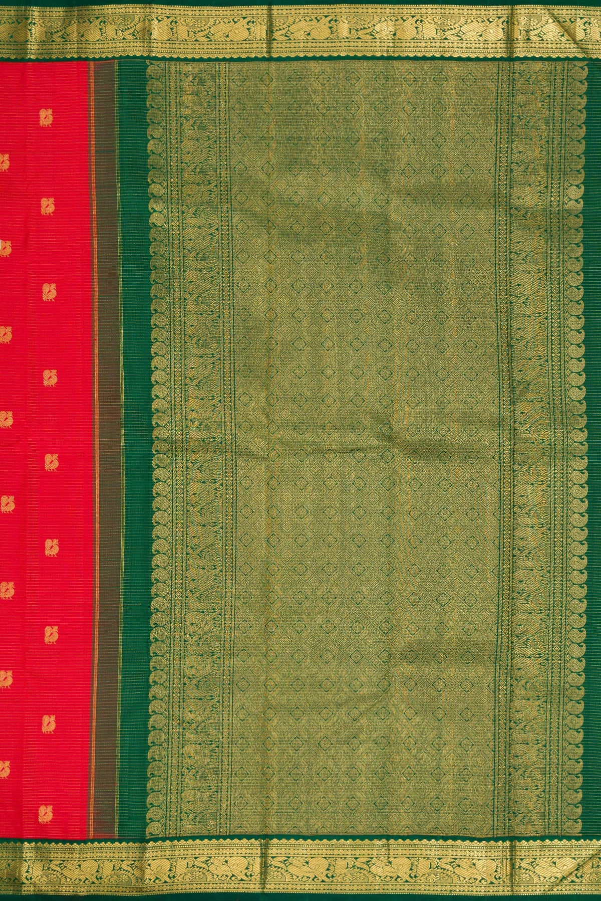 Close up image of the pallu of Red Dual Tone Kanchipuram Silk Saree with Zari Butta on the body and Zari Border. 