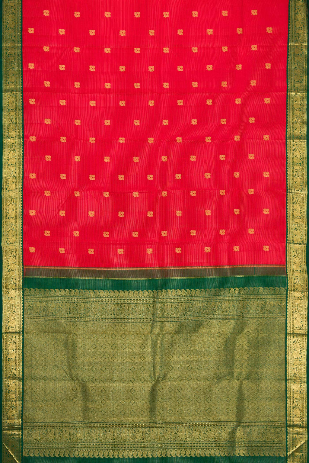Flat view of Red Dual Tone Kanchipuram Silk Saree with Zari Butta on the body and Zari Border. 