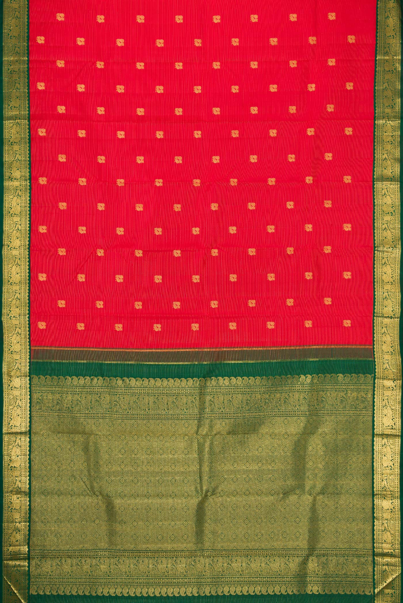 Flat view of Red Dual Tone Kanchipuram Silk Saree with Zari Butta on the body and Zari Border. 