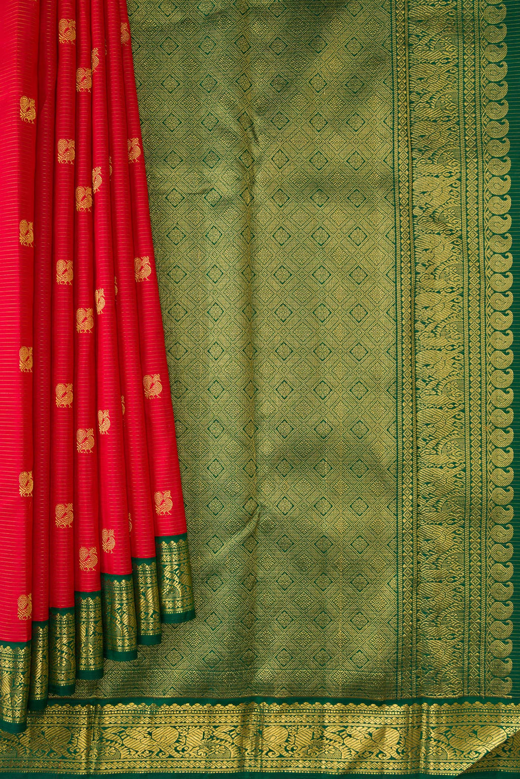 Pleats and pallu of Red Dual Tone Kanchipuram Silk Saree with Zari Butta on the body and Zari Border. 
