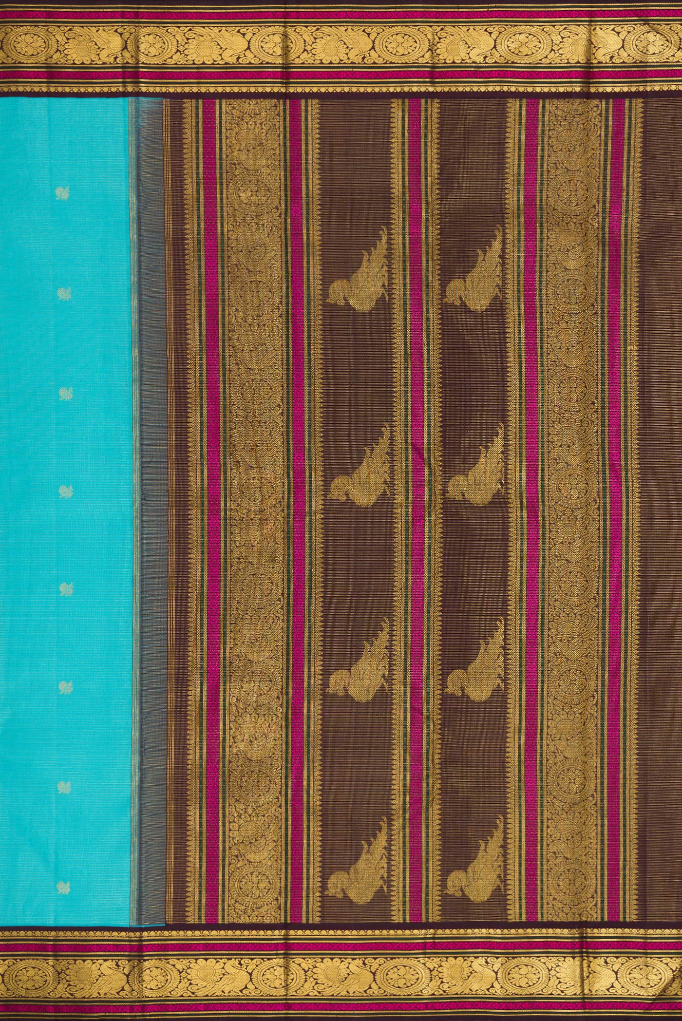 Close up image of the pallu of Sky Blue Dual Tone Kanchipuram Silk Saree with Zari Butta on the body and Zari And Thread Border. 