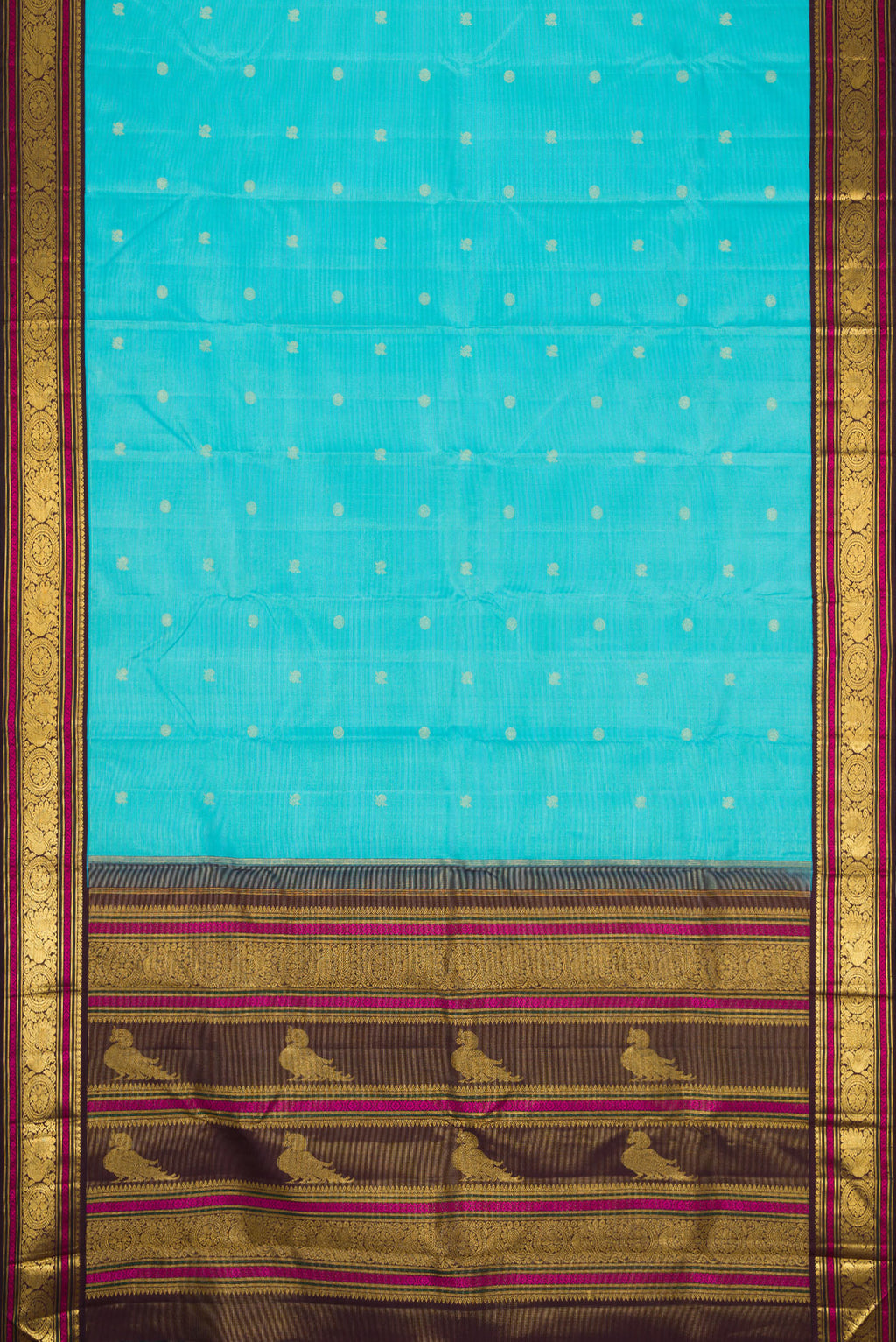 Flat view of Sky Blue Dual Tone Kanchipuram Silk Saree with Zari Butta on the body and Zari And Thread Border. 