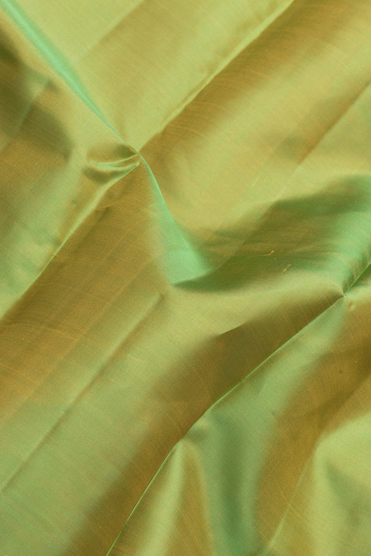 Close up of Parrot Green Dual Tone Kanjivaram Silk Saree with Plain Body and Zari Border.  displaying folds