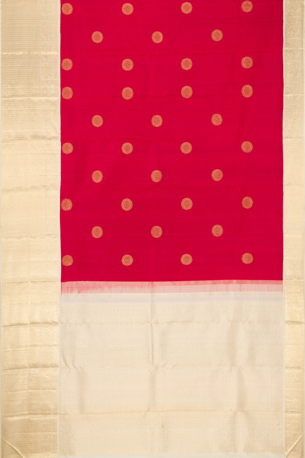 Flat view of Maroon Dual Tone Kanjivaram Silk Saree with Zari Butta on the body and Zari Border. 