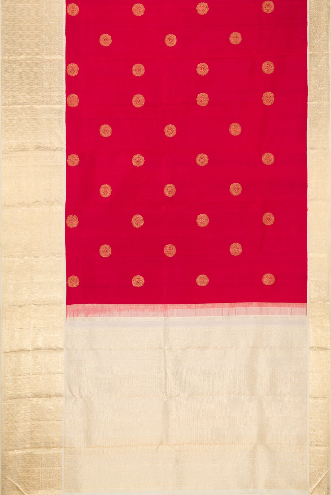 Flat view of Maroon Dual Tone Kanjivaram Silk Saree with Zari Butta on the body and Zari Border. 