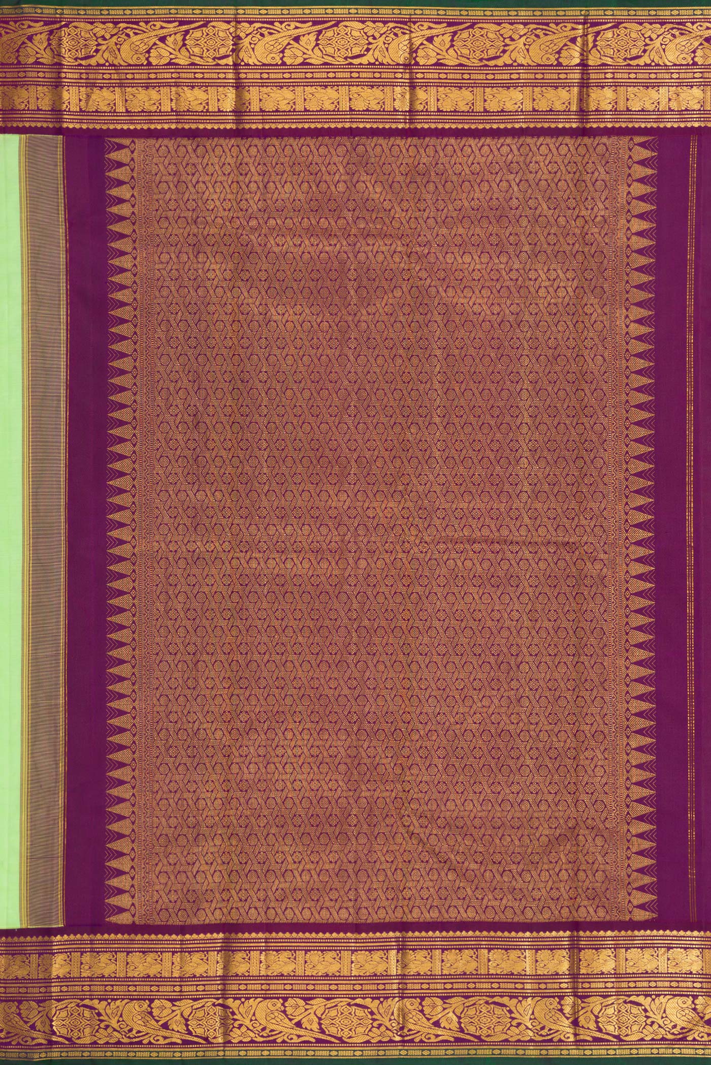 Close up image of the pallu of Parrot Green Dual Tone Kanjivaram Silk Saree with Zari Butta on the body and Zari Border. 