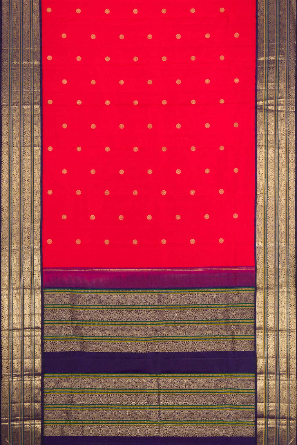 Flat view of Red Dual Tone Kanjivaram Silk Saree with Zari Butta on the body and Zari Border. 