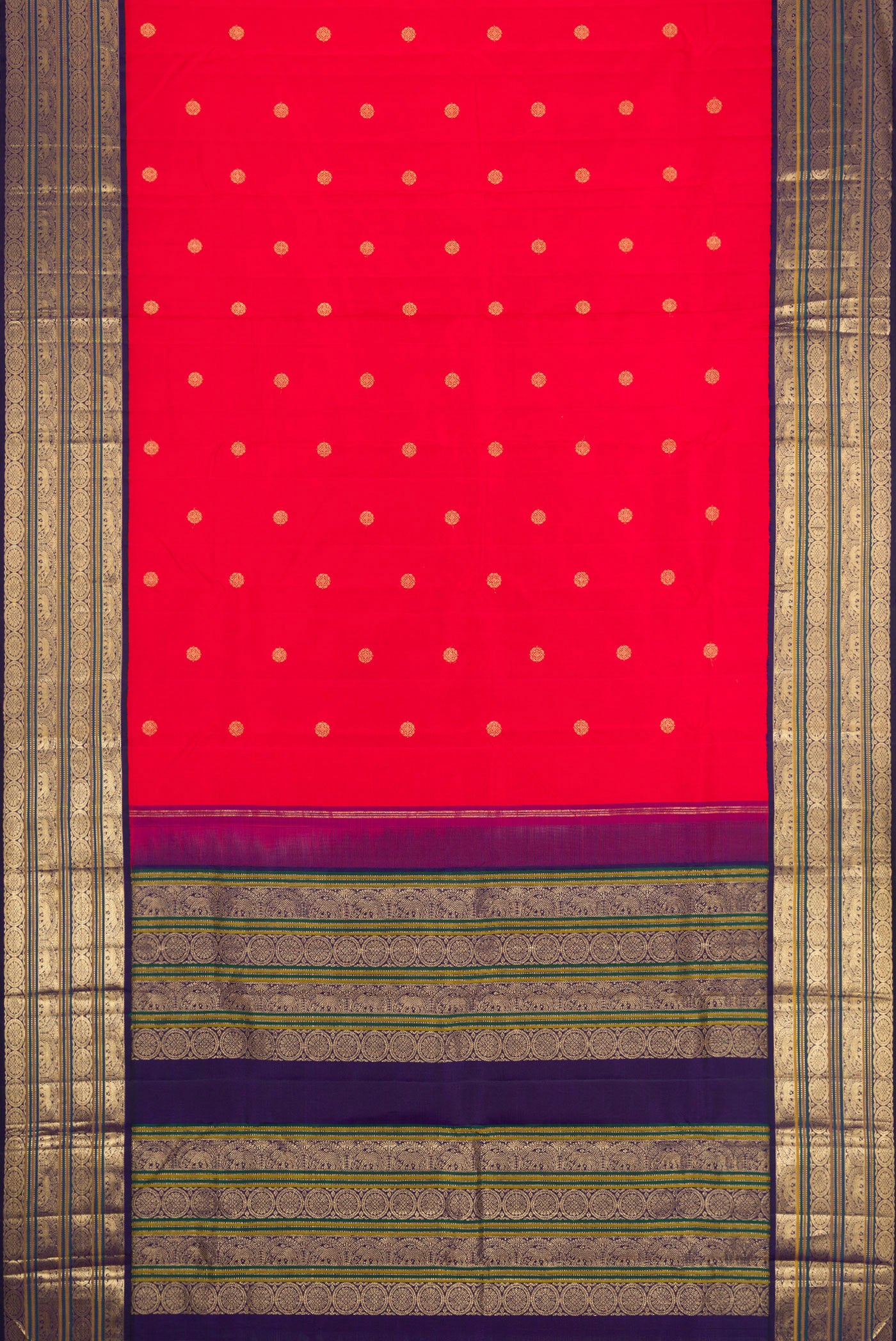 Flat view of Red Dual Tone Kanjivaram Silk Saree with Zari Butta on the body and Zari Border. 
