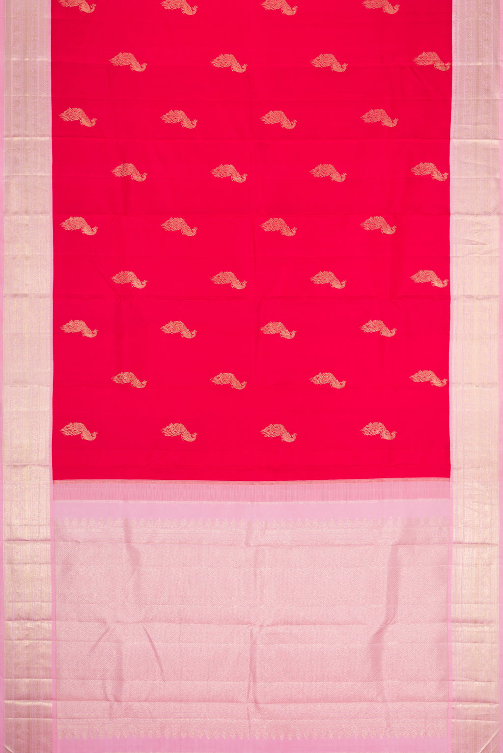 Flat view of Red Dual Tone Kanjivaram Silk Saree with Zari Butta on the body and Zari Border. 