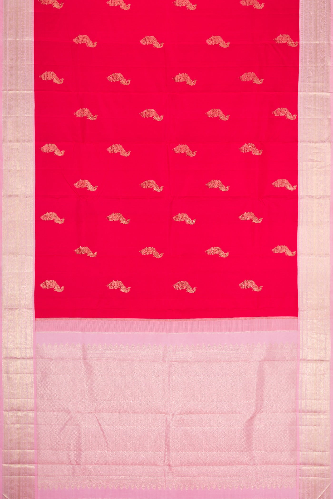 Flat view of Red Dual Tone Kanjivaram Silk Saree with Zari Butta on the body and Zari Border. 