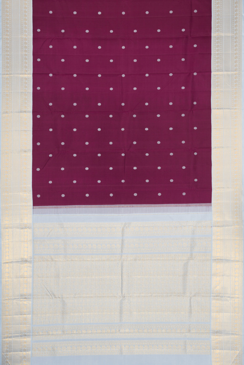 Flat view of Pure Silk Pure Zari Brown Dual Tone Kanjivaram Saree with Thread Butta on the body and Zari Border. 