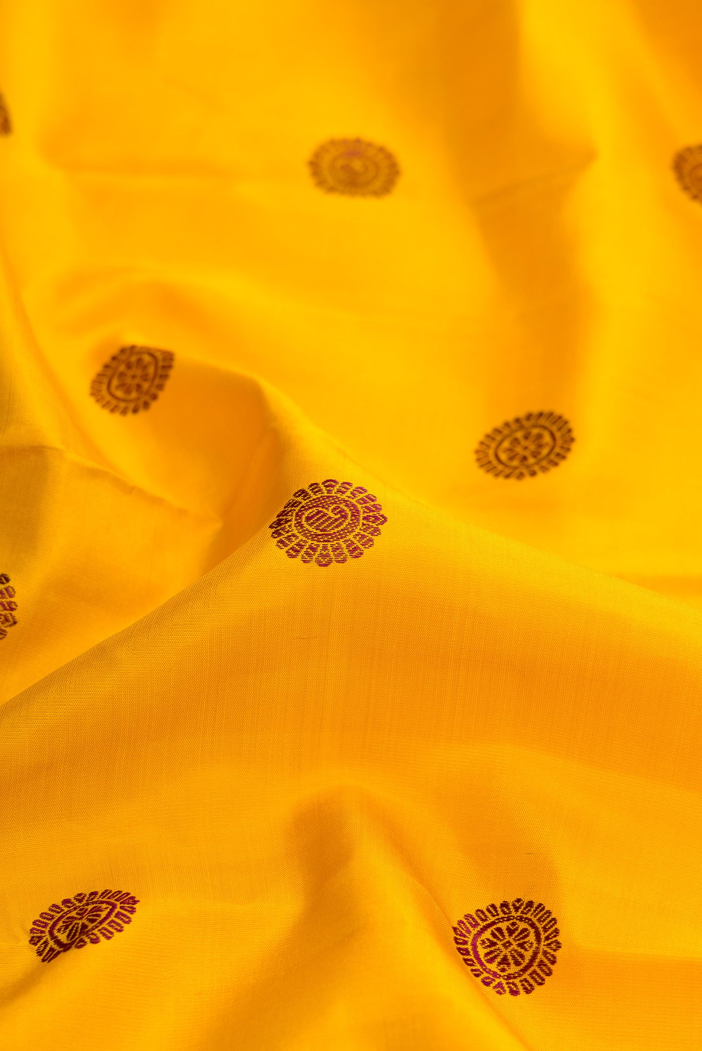 Close up of Mustard Dual Tone Kanjivaram Silk Saree with Thread Butta on the body and Fancy Border.  displaying folds