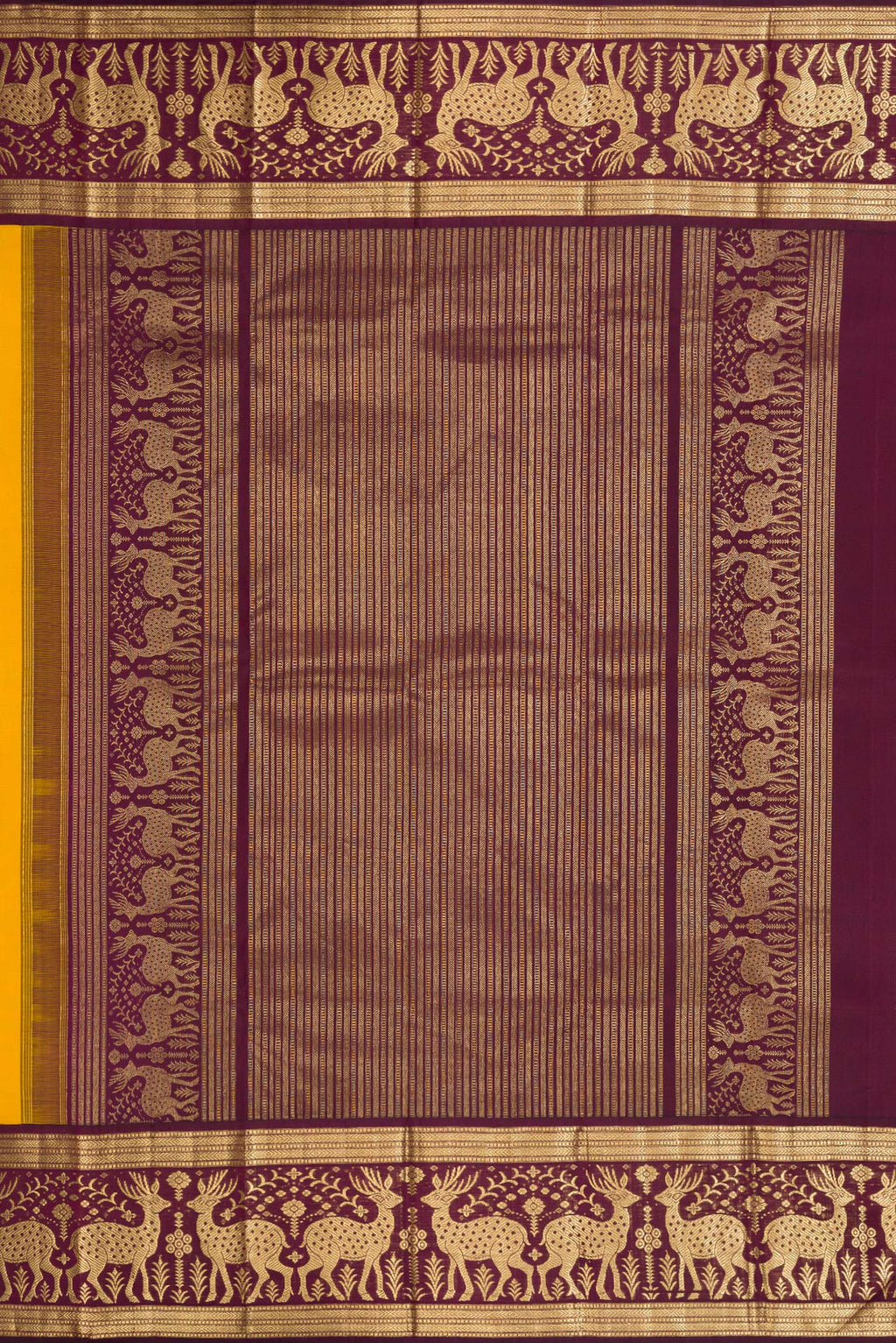 Close up image of the pallu of Mustard Dual Tone Kanjivaram Silk Saree with Thread Butta on the body and Fancy Border. 