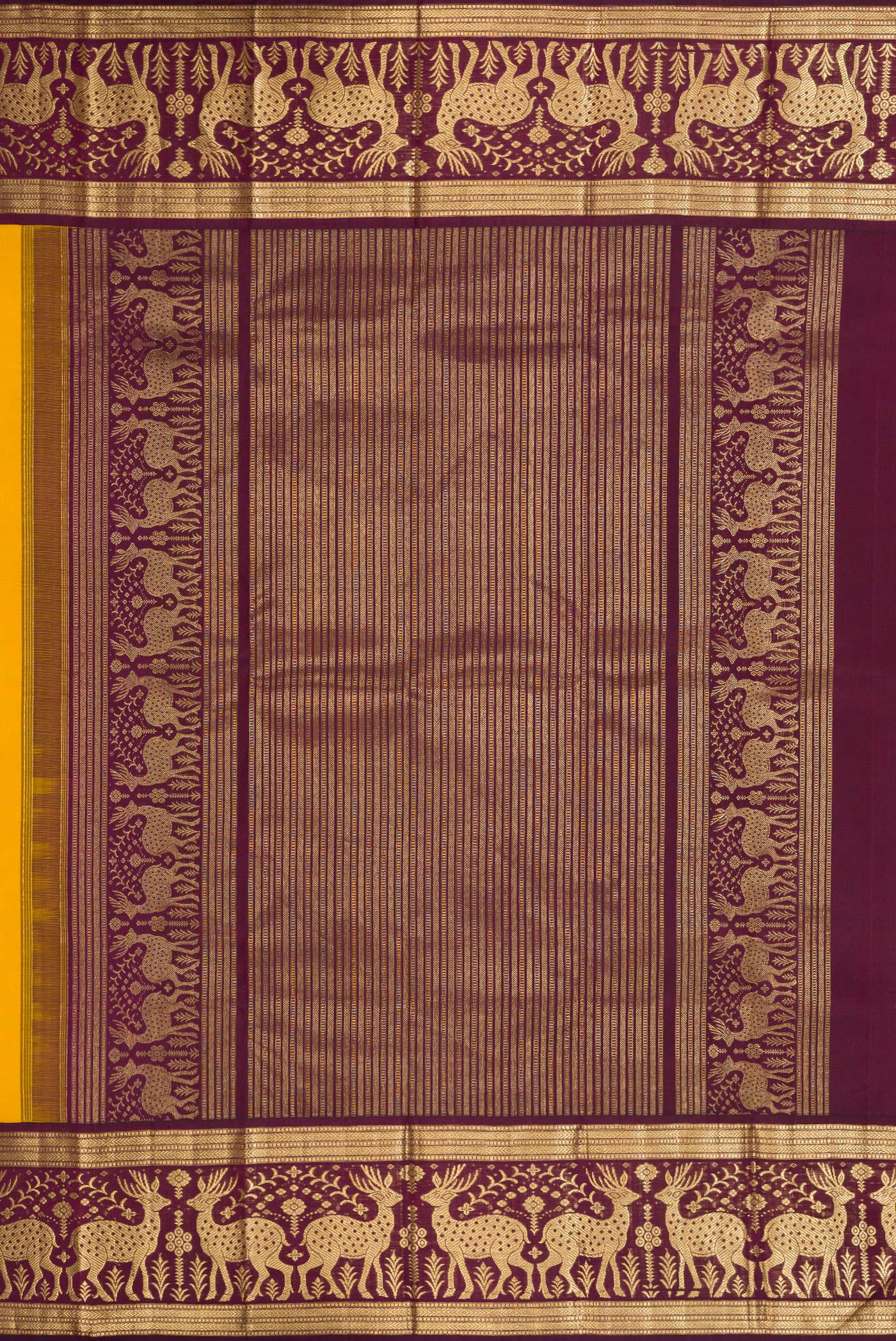 Close up image of the pallu of Mustard Dual Tone Kanjivaram Silk Saree with Thread Butta on the body and Fancy Border. 