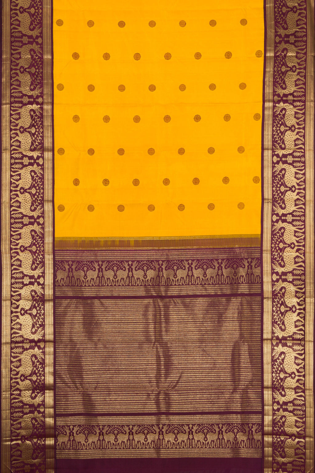 Flat view of Mustard Dual Tone Kanjivaram Silk Saree with Thread Butta on the body and Fancy Border. 