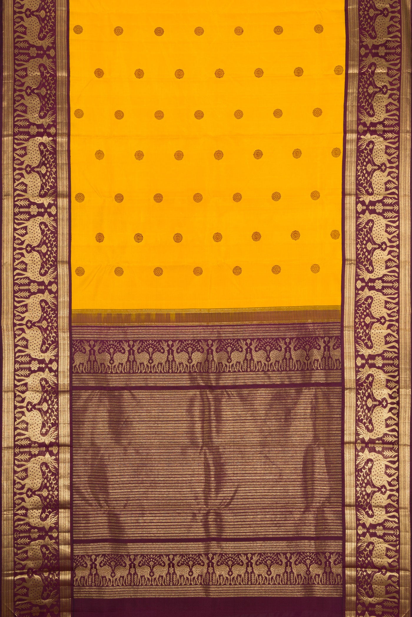 Flat view of Mustard Dual Tone Kanjivaram Silk Saree with Thread Butta on the body and Fancy Border. 