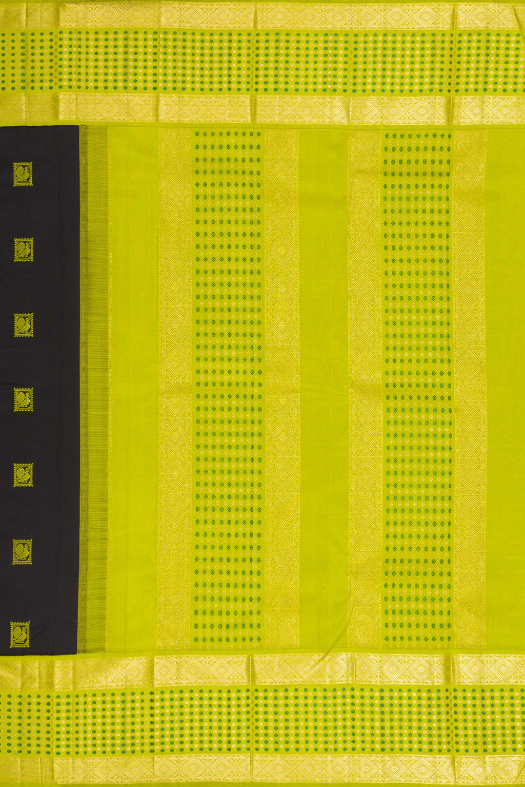 Close up image of the pallu of Black Dual Tone Kanjivaram Silk Saree with Thread Butta on the body and Fancy Border. 