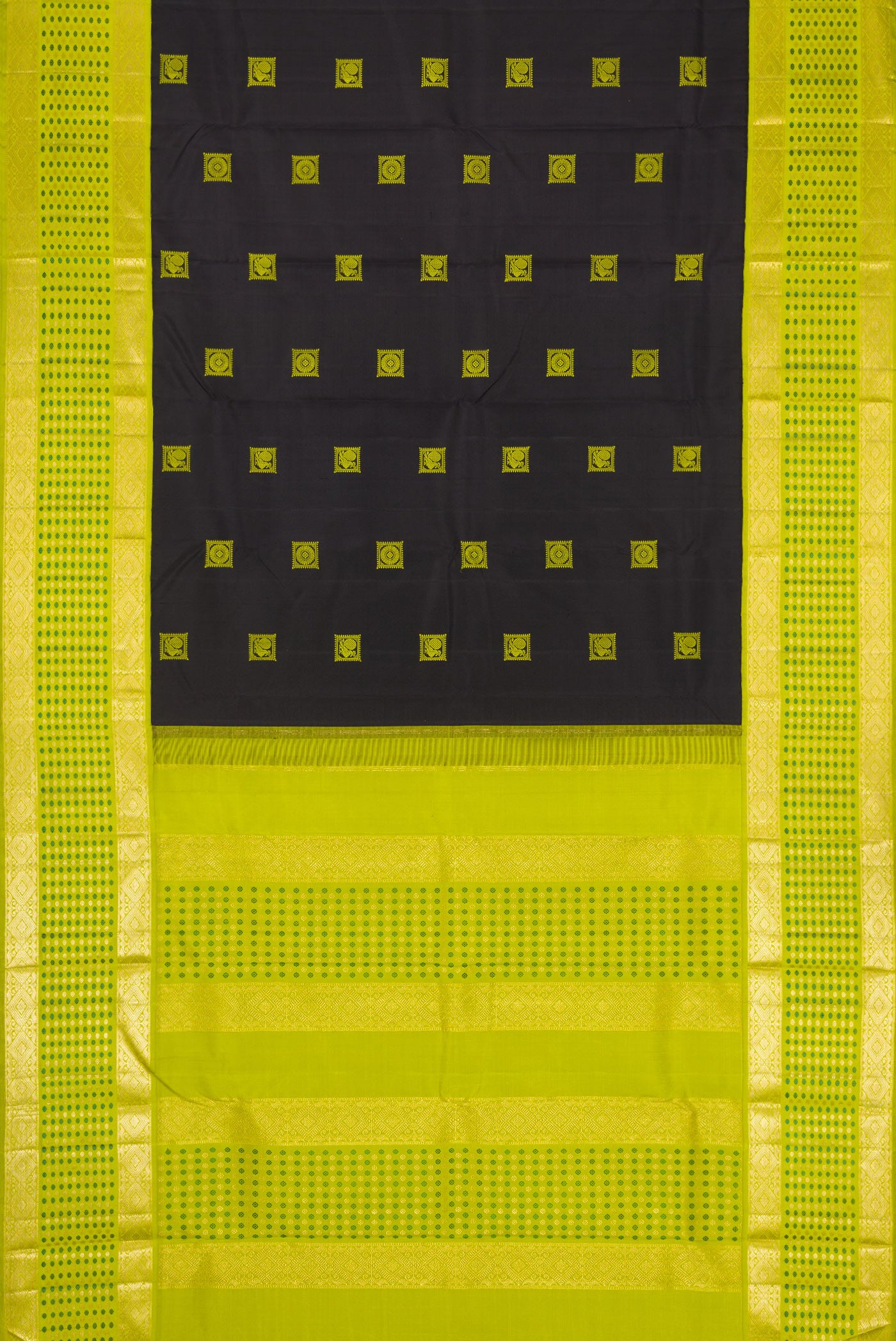Flat view of Black Dual Tone Kanjivaram Silk Saree with Thread Butta on the body and Fancy Border. 