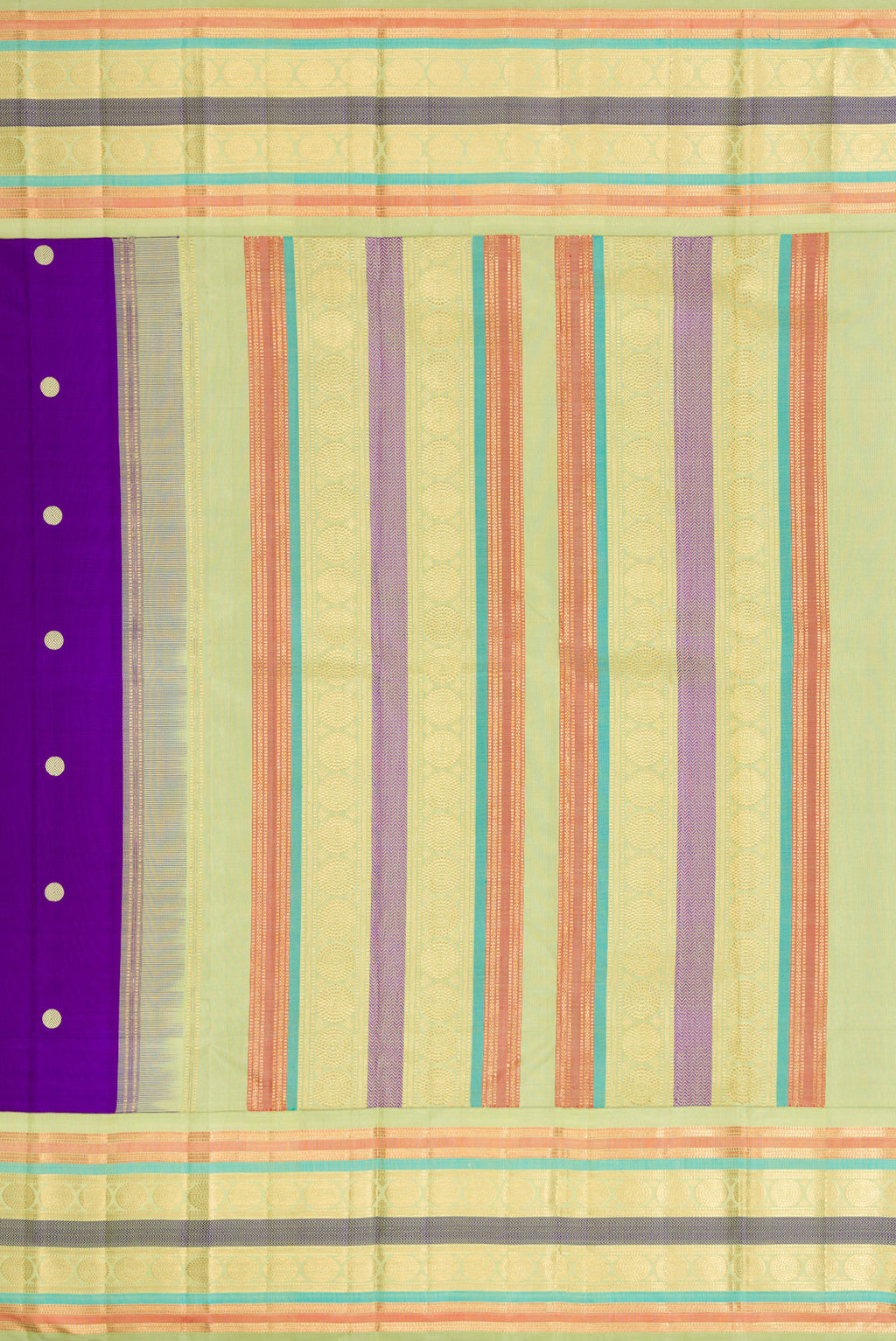 Close up image of the pallu of Violet Dual Tone Kanjivaram Silk Saree with Thread Butta on the body and Zari And Thread Border. 