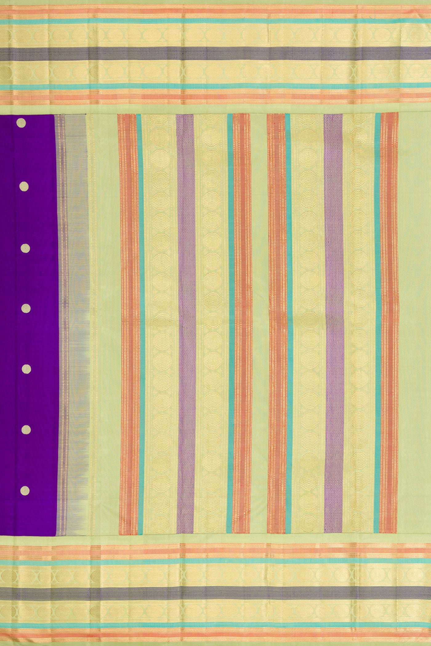 Close up image of the pallu of Violet Dual Tone Kanjivaram Silk Saree with Thread Butta on the body and Zari And Thread Border. 