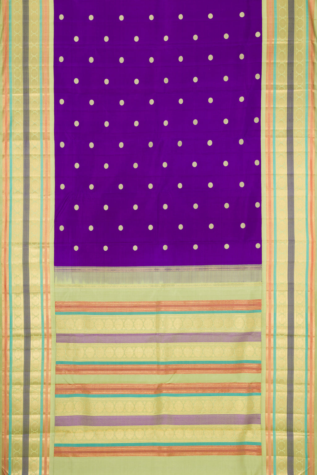 Flat view of Violet Dual Tone Kanjivaram Silk Saree with Thread Butta on the body and Zari And Thread Border. 