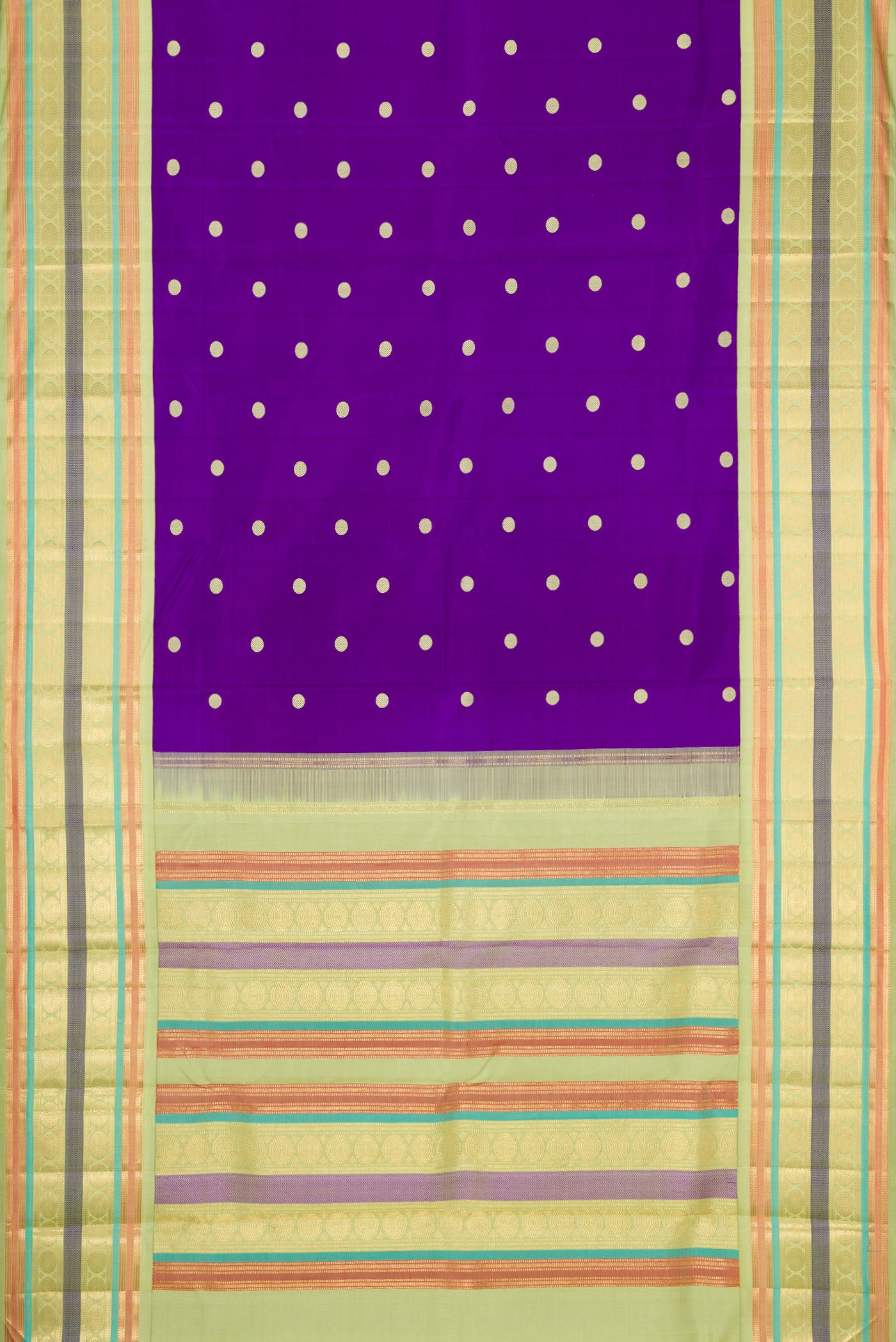 Flat view of Violet Dual Tone Kanjivaram Silk Saree with Thread Butta on the body and Zari And Thread Border. 