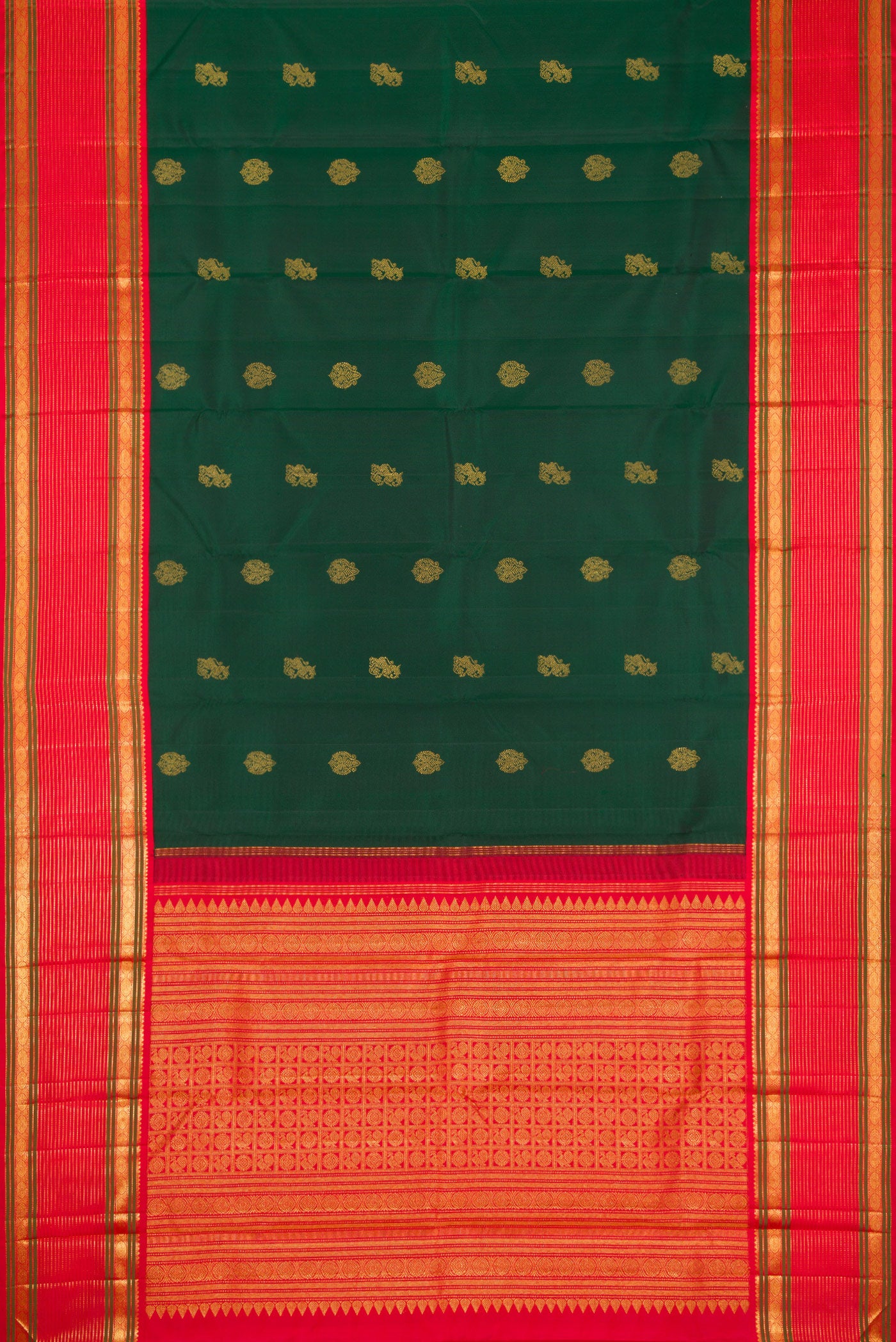 Flat view of Pure Silk Pure Zari Green Dual Tone Kanjivaram Saree with Zari Butta on the body and Zari Border. 