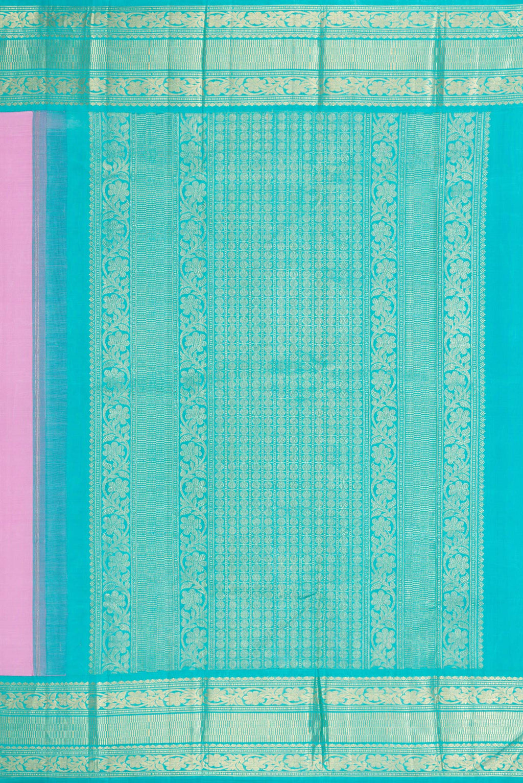 Close up image of the pallu of Pure Silk Pure Zari Pink Dual Tone Kanjivaram Saree with Thread Butta on the body and Zari Border. 