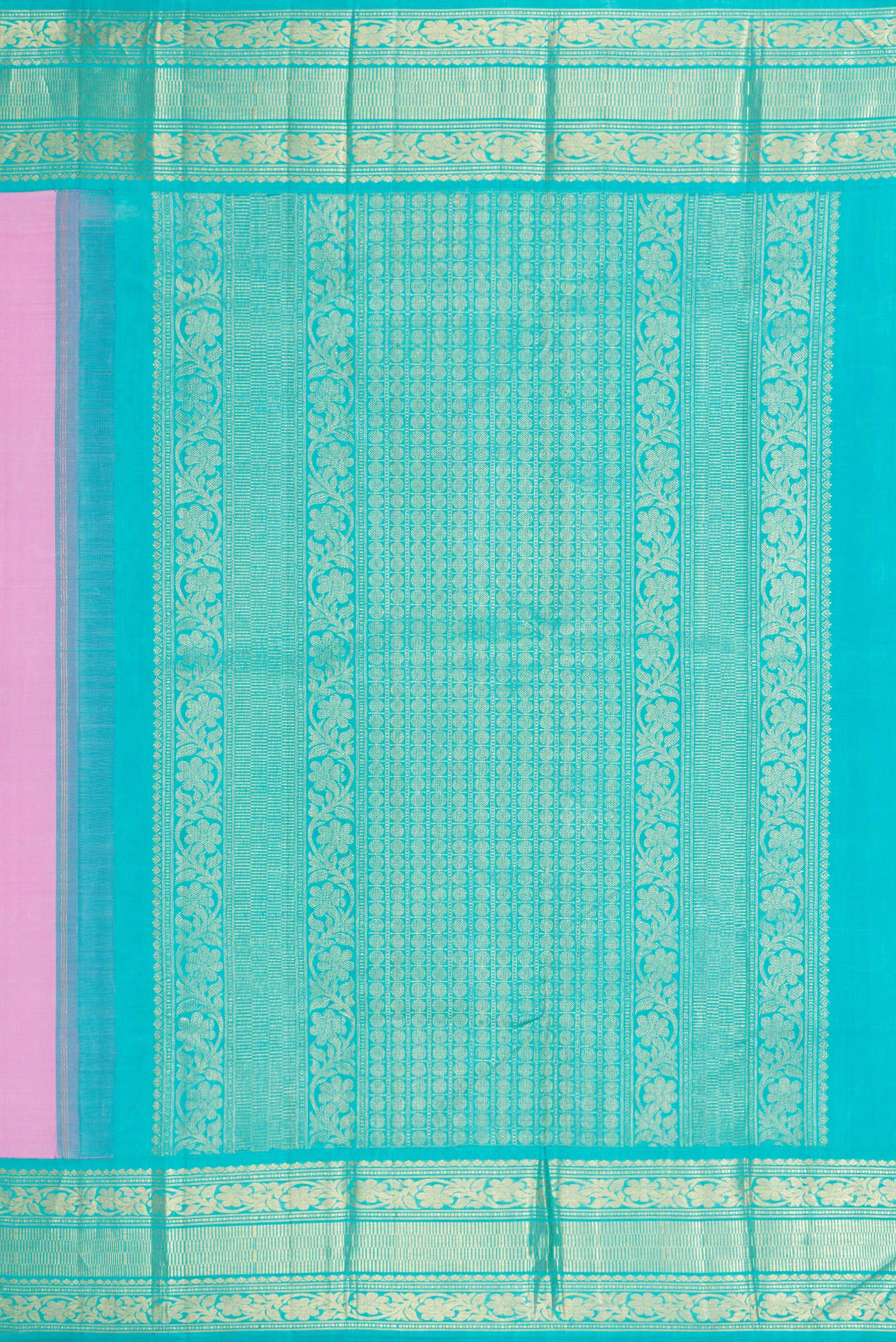 Close up image of the pallu of Pure Silk Pure Zari Pink Dual Tone Kanjivaram Saree with Thread Butta on the body and Zari Border. 