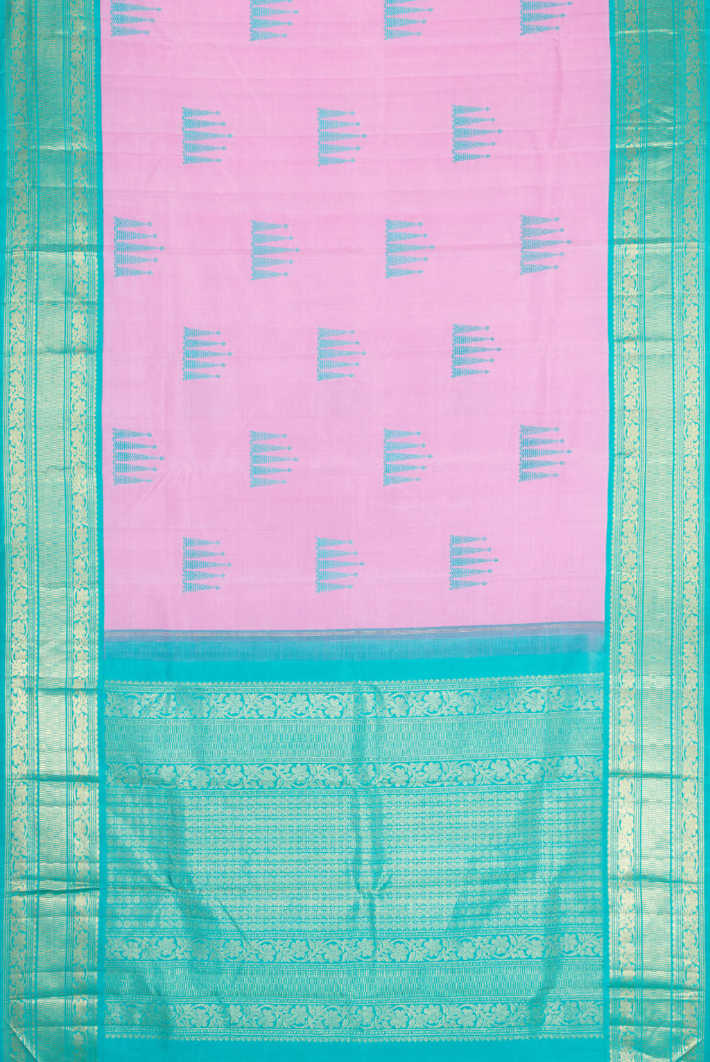 Flat view of Pure Silk Pure Zari Pink Dual Tone Kanjivaram Saree with Thread Butta on the body and Zari Border. 