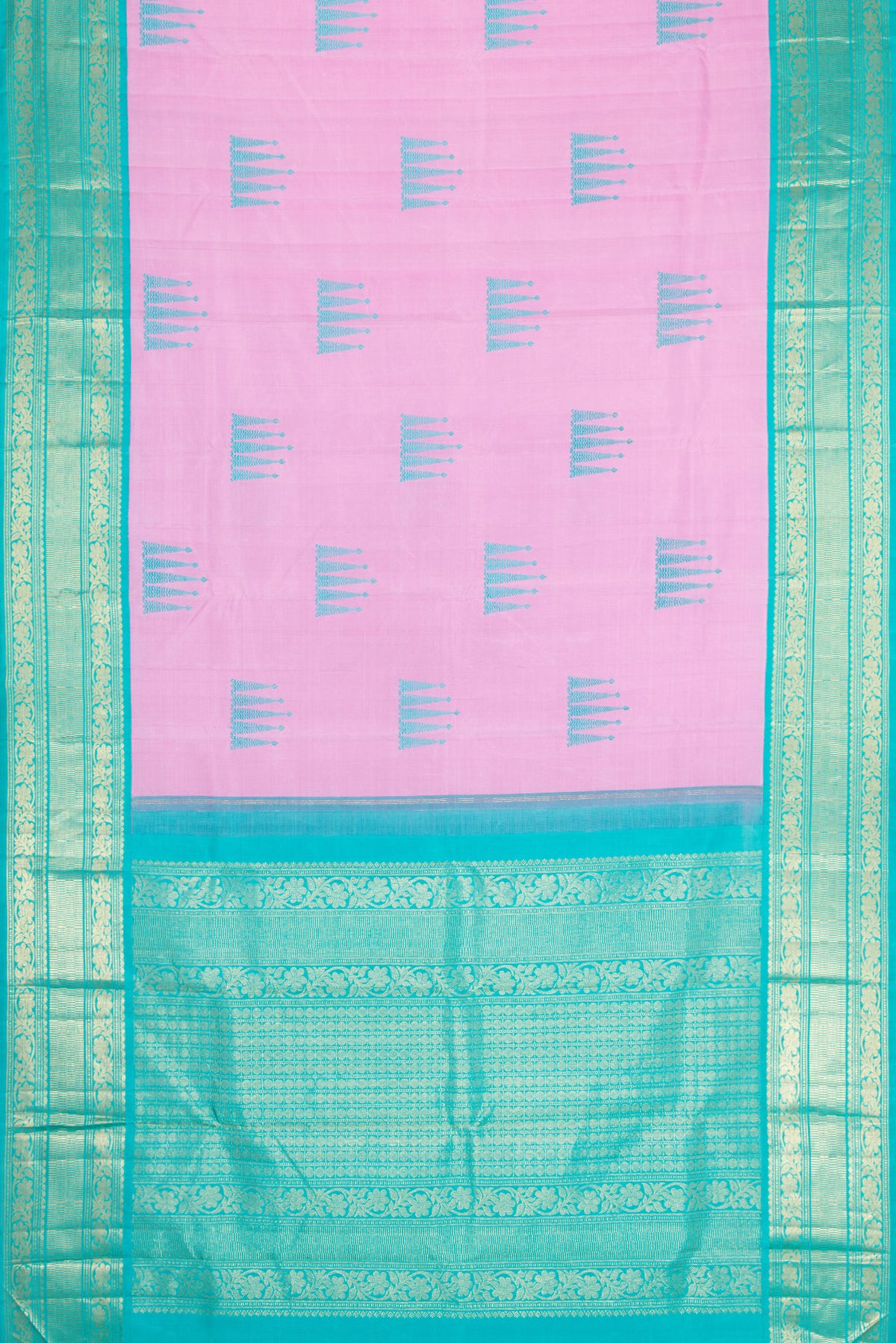 Flat view of Pure Silk Pure Zari Pink Dual Tone Kanjivaram Saree with Thread Butta on the body and Zari Border. 
