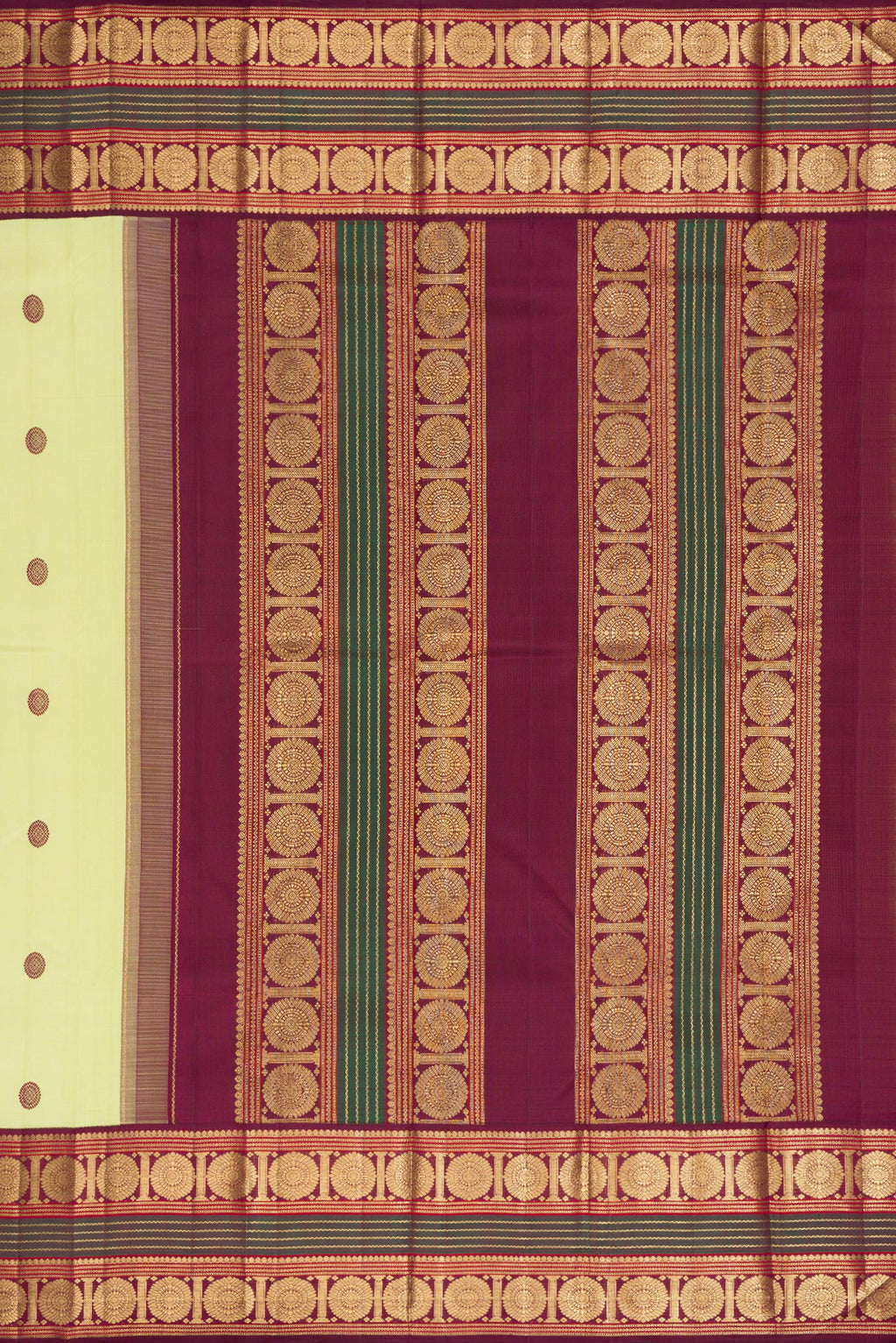 Close up image of the pallu of Pure Silk Pure Zari Parrot Green Dual Tone Kanjivaram Saree with Thread Butta on the body and Zari Border. 