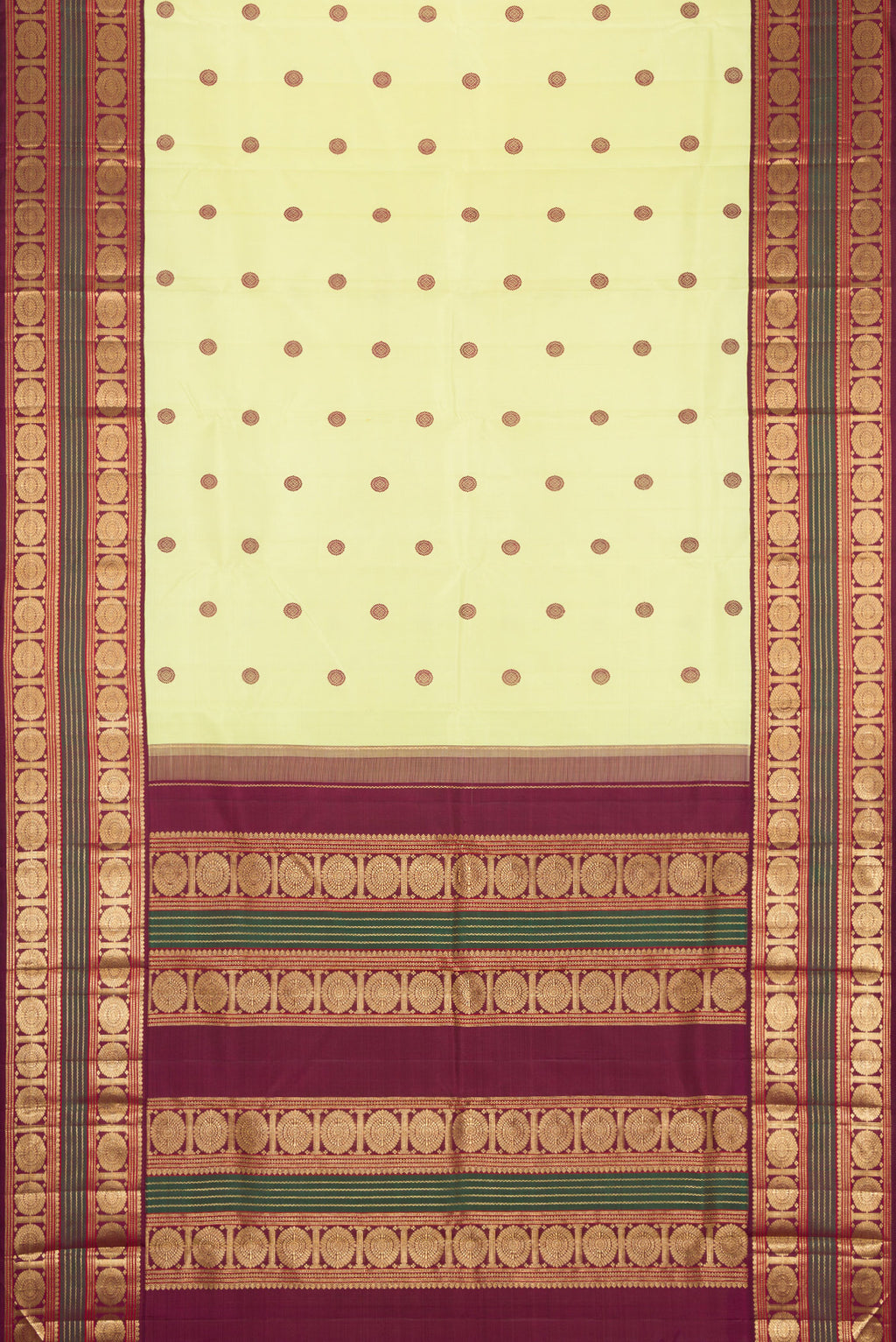Flat view of Pure Silk Pure Zari Parrot Green Dual Tone Kanjivaram Saree with Thread Butta on the body and Zari Border. 